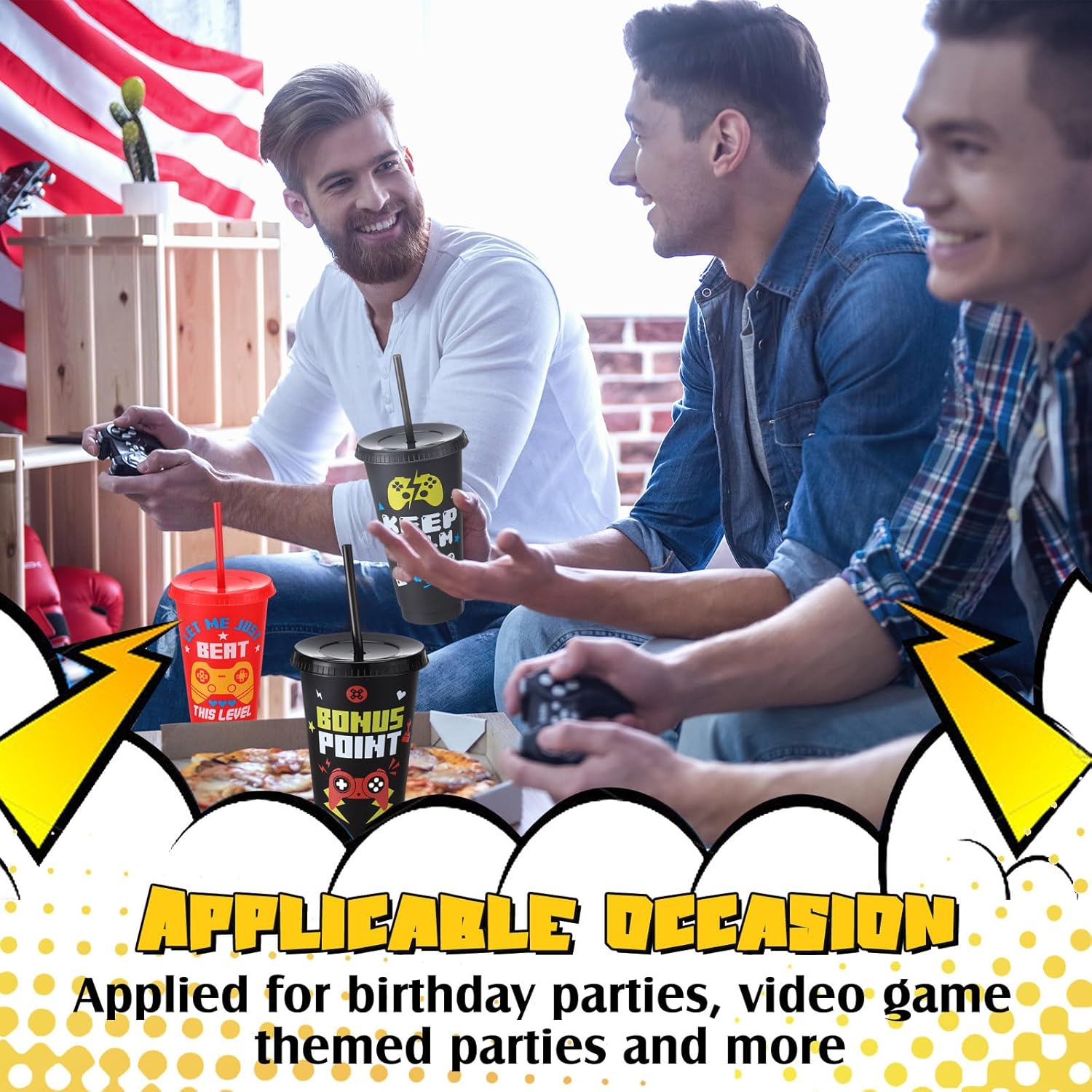 Potchen 16 Pcs Video Game Plastic Cups Gaming Party Favor with Lids and Straws 24 oz Gamer Reusable Tumbler Water Mug for Fun Video Birthday Party Supplies for Adults (Colorful)