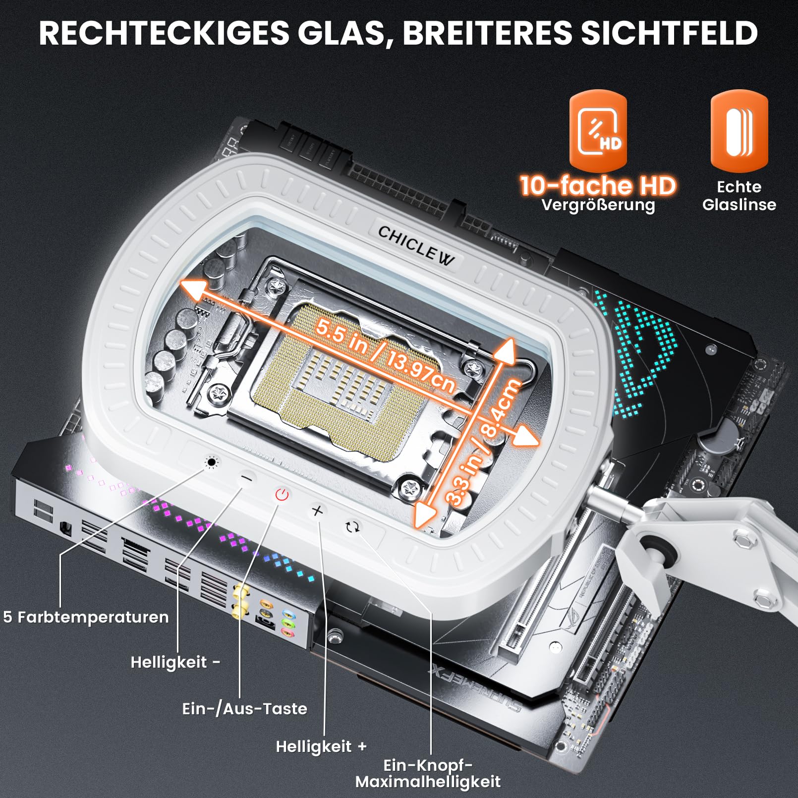 10X Rechteckige Lupe mit Licht und Klemme, Weiß Lupenlampe mit 5 Farbmodi | Teleskopverstellung, Freisprechfunktion, Große Lupe mit Licht und Ständer für Lesen, Handwerk, Feinarbeiten