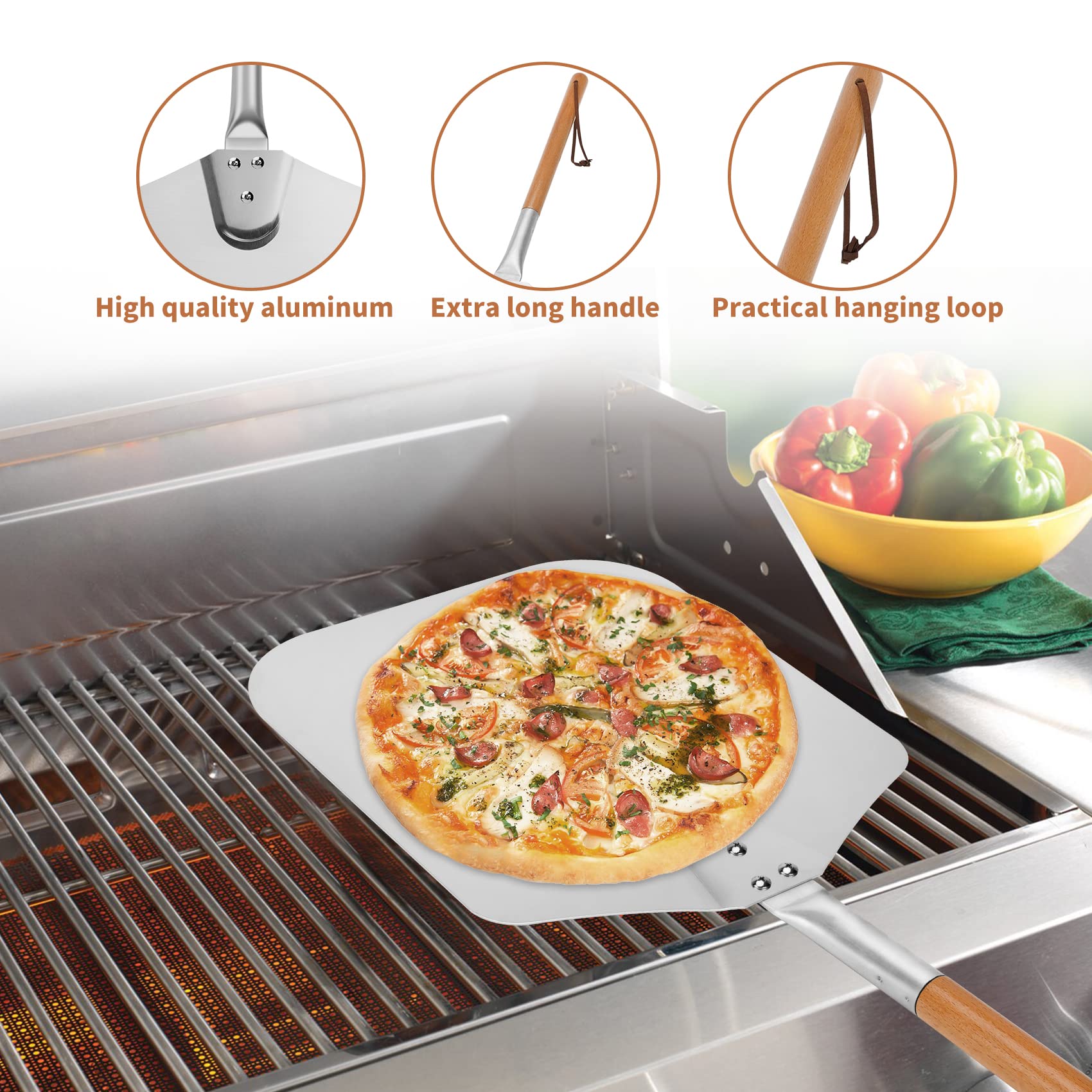 Mimiuo Pierre à Pizza avec Pelle, Kit Pierre Pizza Rectangulaire 38x30 cm et aluminium Pelle à Pizza 71,5cm- ensemble d'outils à pizza pour Four & gril à gaz et barbecue à charbon