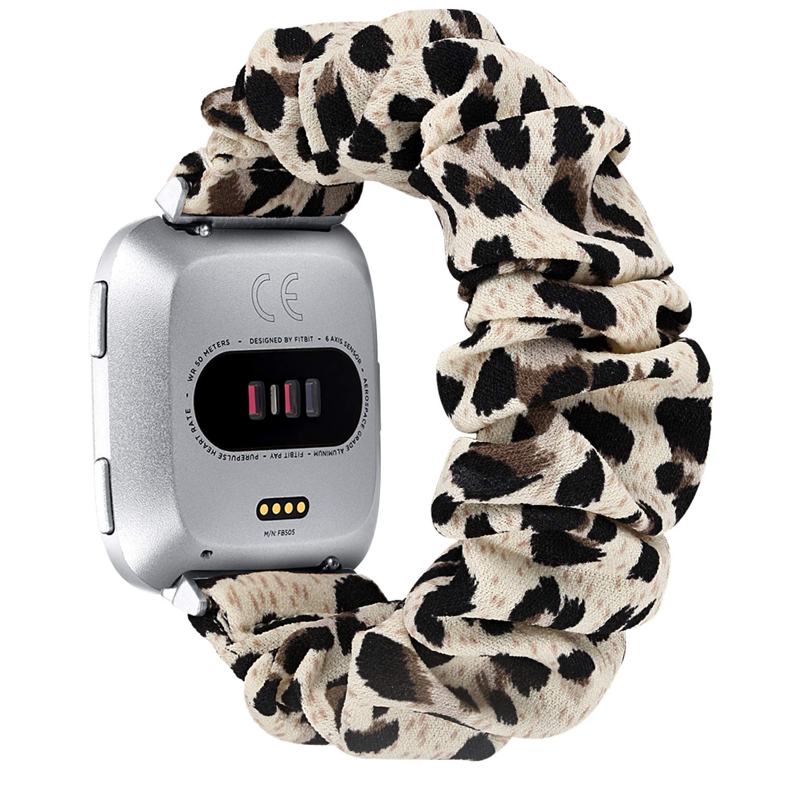 fastgo Scrunchie Bands Compatible with Fitbit Versa/Versa 2/Versa Lite & Special Edition for Women Girls, Breathable Fabric Strap Replacement Scrunchies Wristband Bracelet Accessories (Beige Leopard)