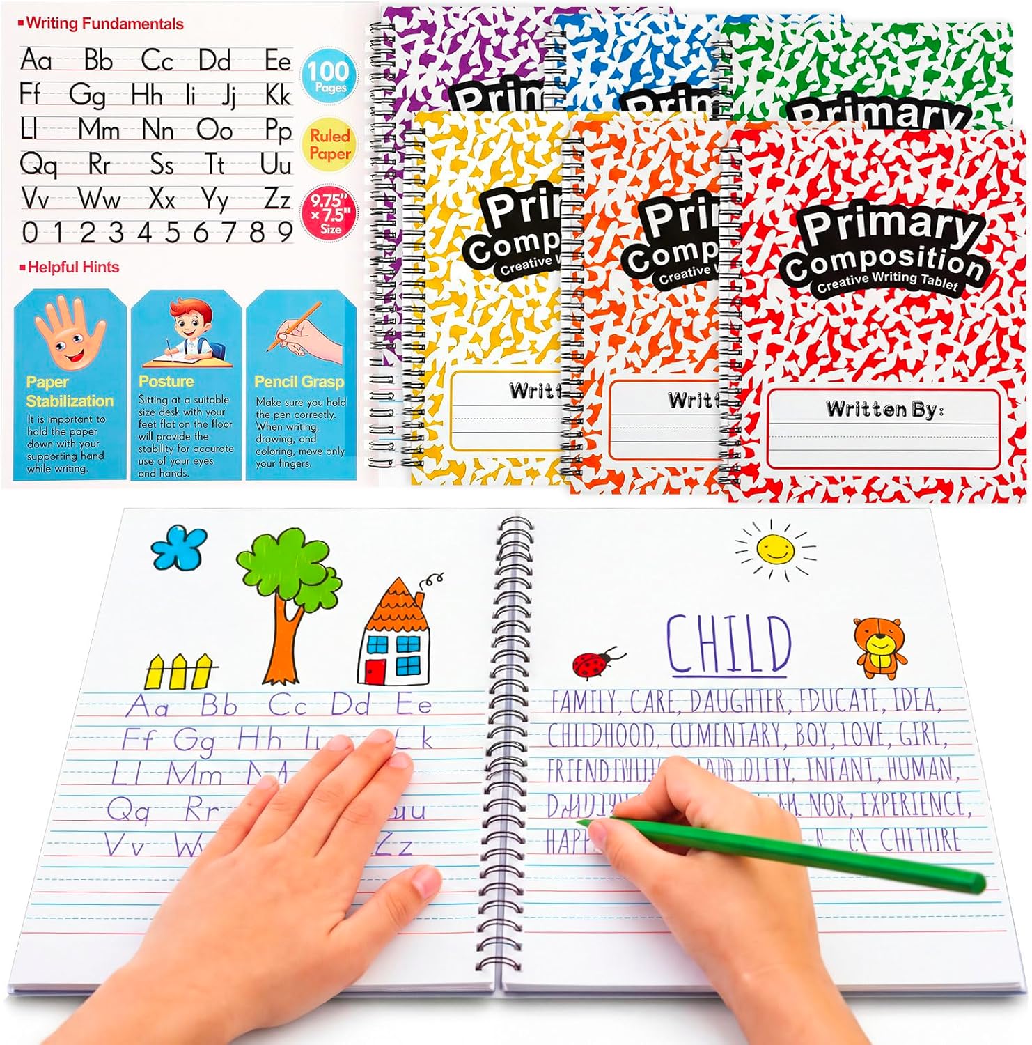 Henoyso 4 Pcs 100 Pages Spiral Primary Composition Notebook K-2 Bulk Primary Journal Drawing Handwriting Practice for Kids 4-6 Kindergarten Preschool Homeschool 1st 2nd Grade Student Supplies