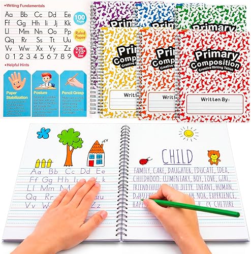 Henoyso 6 Pcs 100 Pages Spiral Primary Composition Notebook K-2 Bulk Primary Journal Drawing Handwriting Practice for Kids 4-6 Kindergarten Preschool Home School 1st 2nd Grade Student (Rainbow Color)
