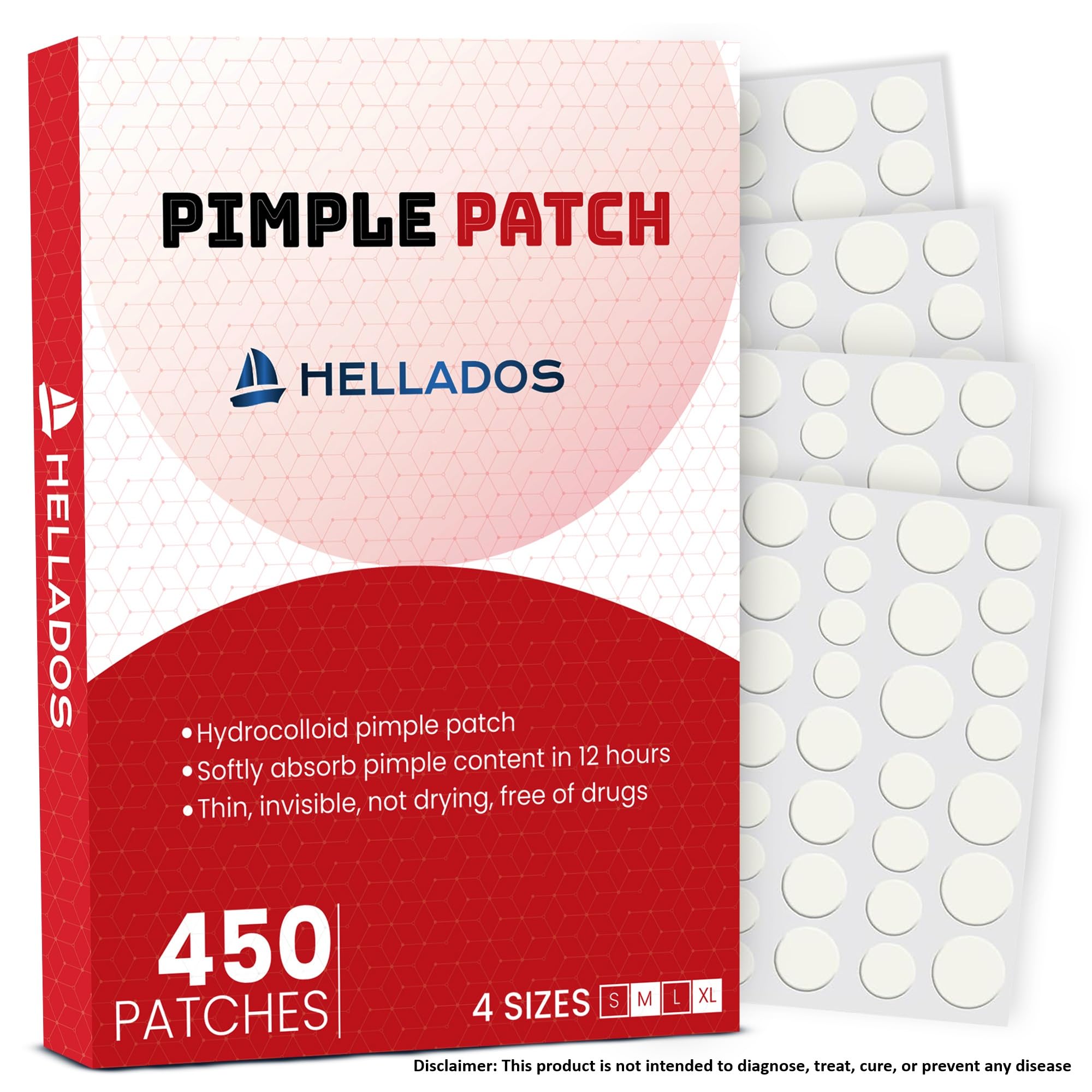 Hellados 450 Pimple Patches For Face 4 Size Acne Patches Hydrocolloid Zit Patches Blemish Patches Spot Stickers with