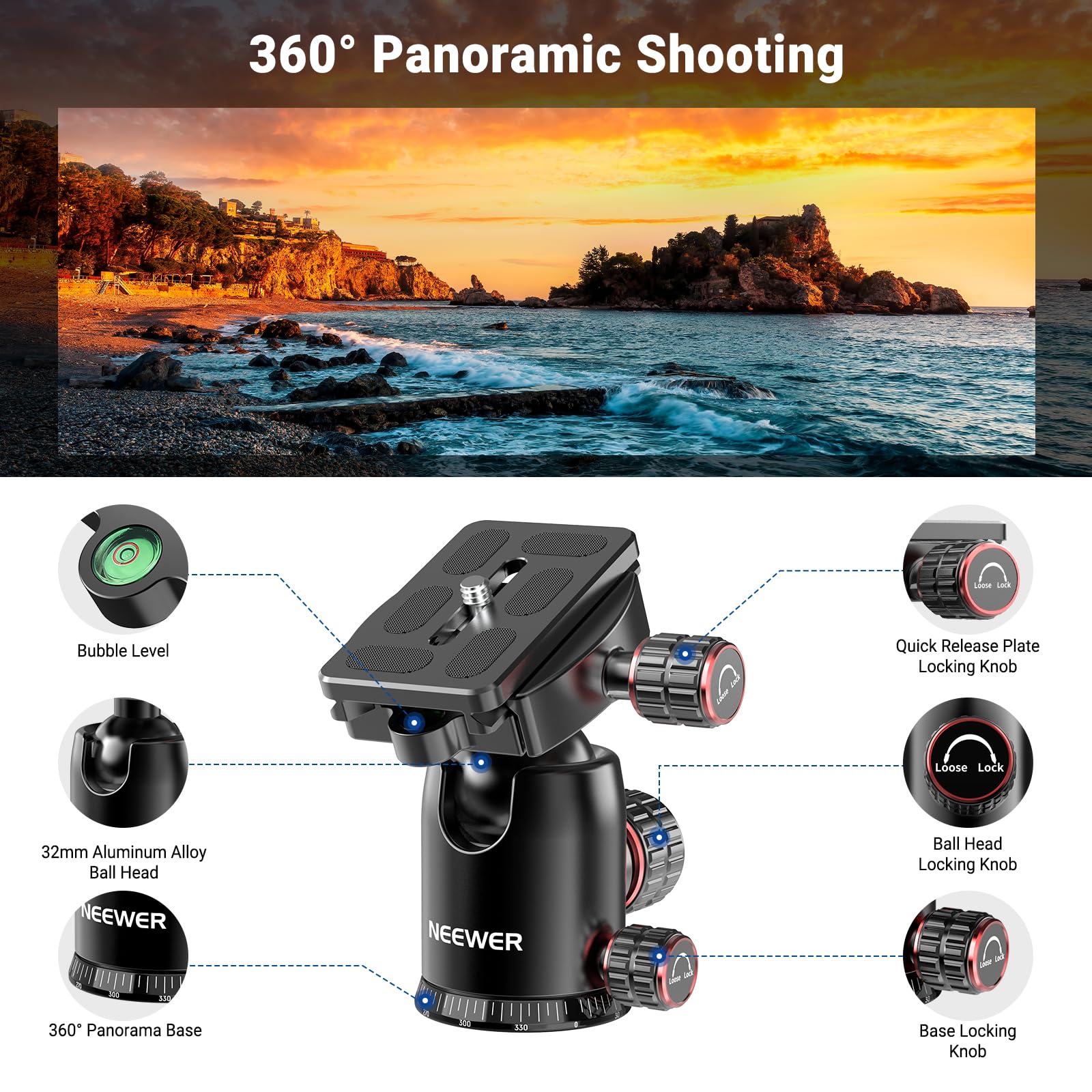 NEEWER BASICS Statyw do kamery górnej, monopod z głowicą kulową i poziomą kolumną środkową, 76-calowy metalowy stojak podróżny DSLR, płyta QR typu Arca i odwrócone nogi, maksymalne obciążenie 8 kg