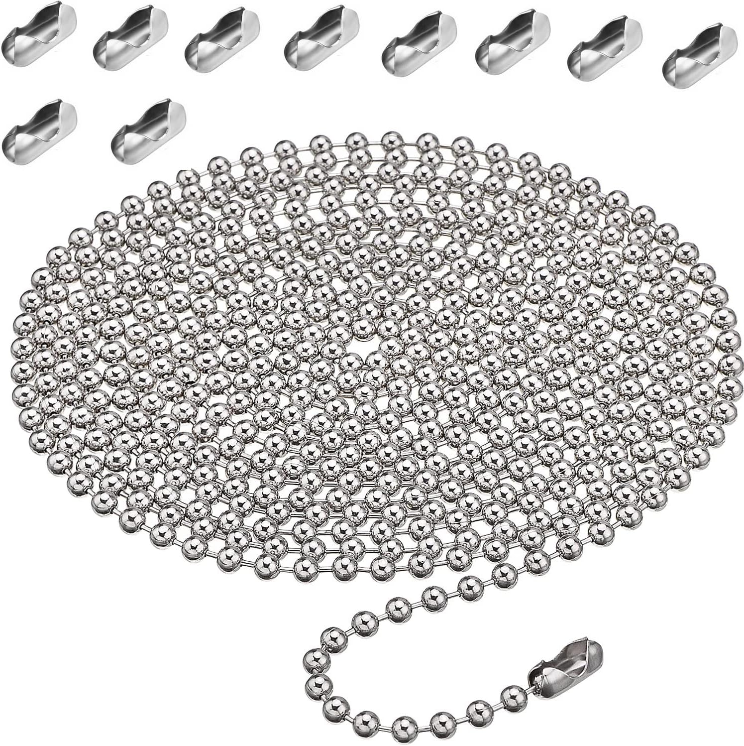4 Meter/13.1 Feet Blind Chain, 4.5mm Roller Blind Chain Beaded Pull Chain Extension, Chain Beaded Ball Roller Chain Silver with10 Roller Blind Chain Connectors