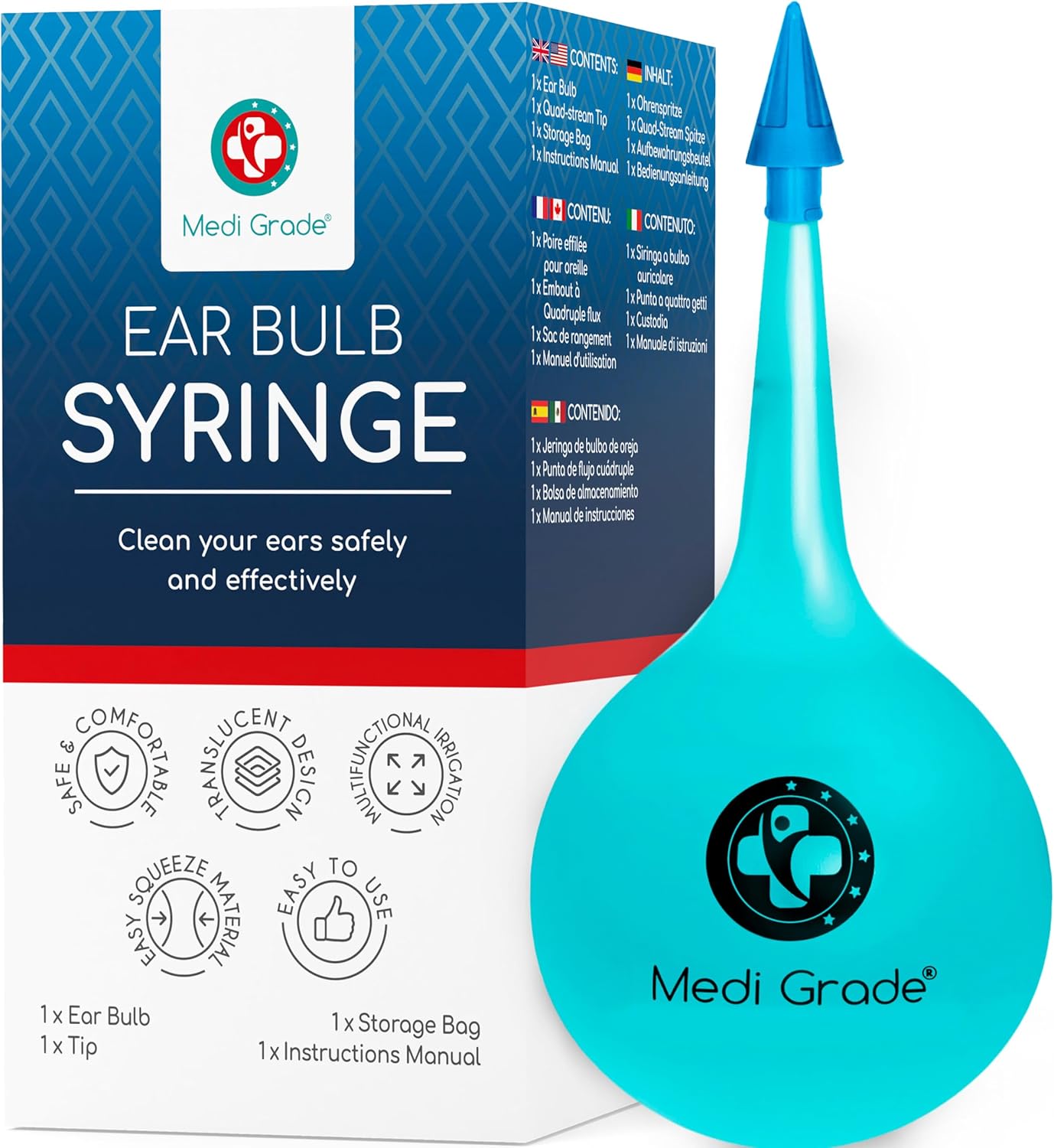 Medi Grade Ear Bulb Syringe Ear Wax Removal Tool, 2.54 fl oz Translucent Ear