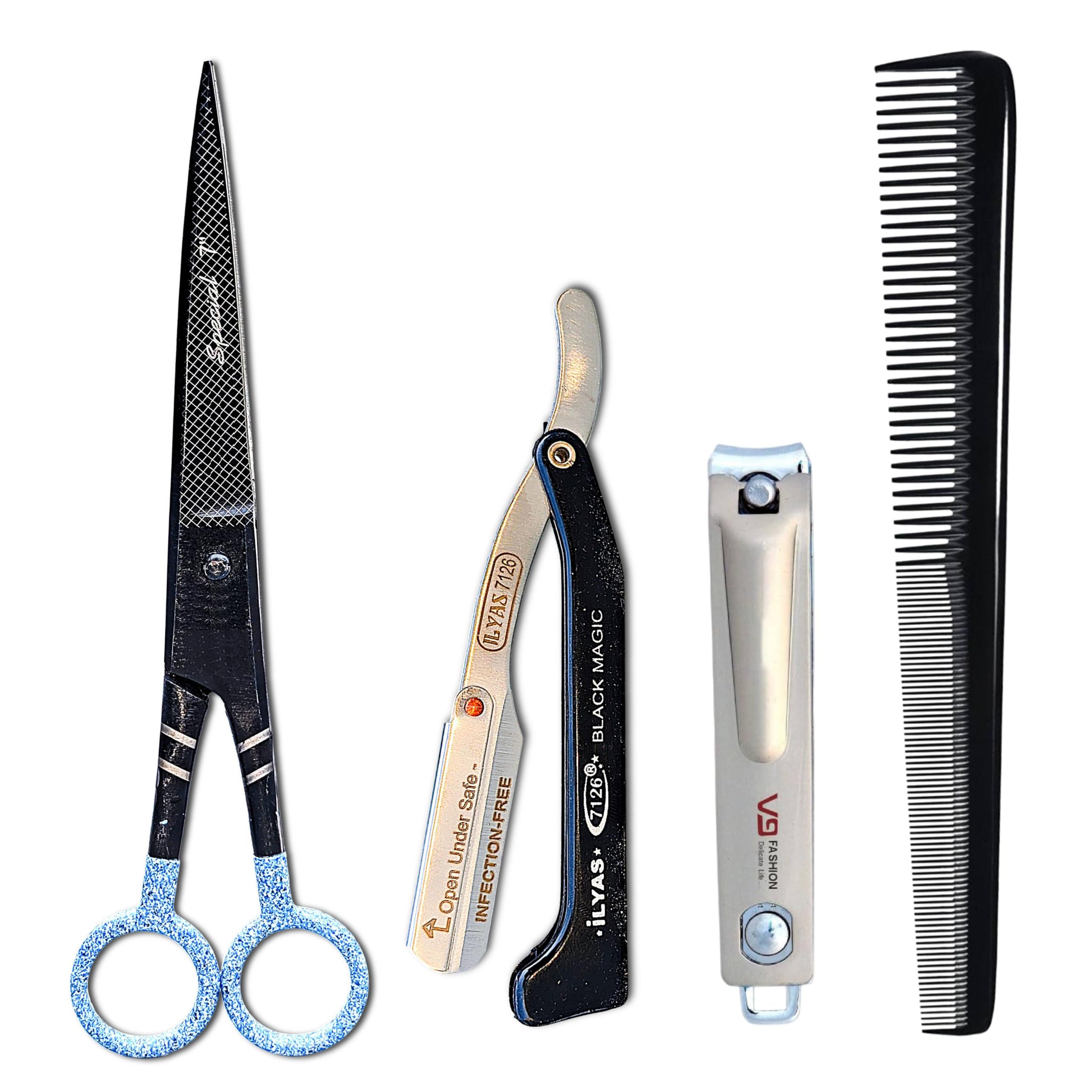 7 inch barber hair cutting scissor combo with folding shaving razor, nail cutter & styling comb
