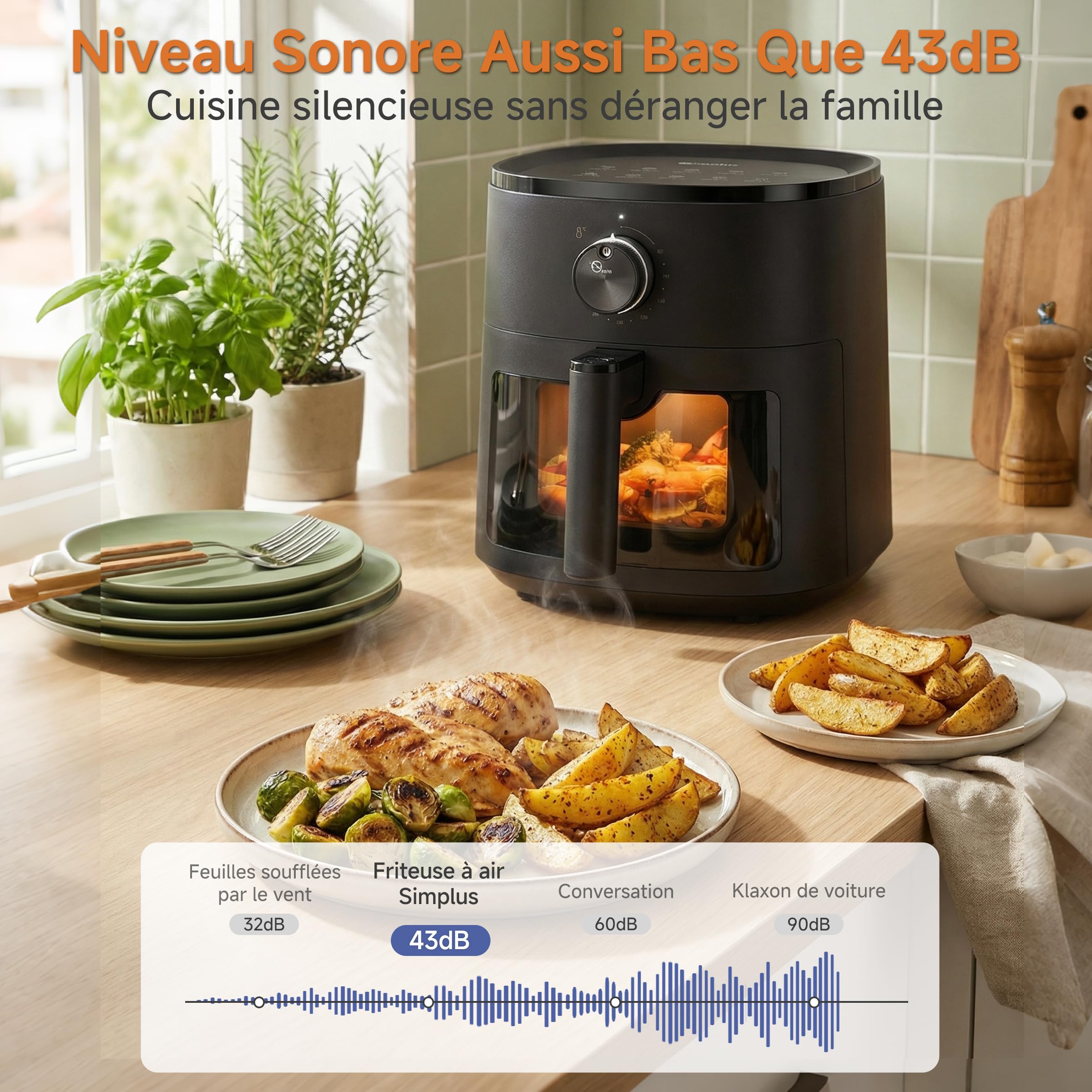 SIMPLUS Air Fryer 5L avec Fenêtre Visible, Friteuse sans Huile 1300W, 10 Menus Guidés, Contrôle par Molette, Compacte, 43dB Silencieuse, Cuisson Vapeur, 60-200°C, Jusqu'à 2-5 Personnes, Noir