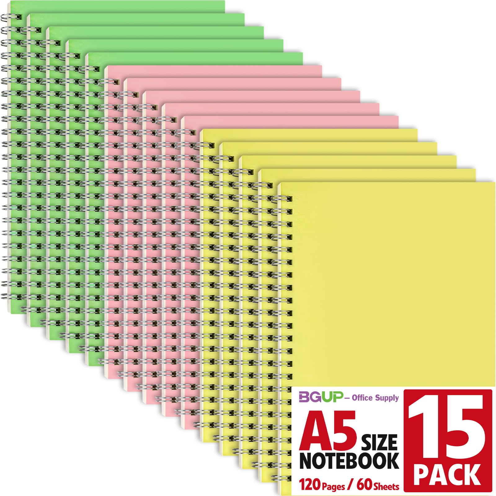 Lot de 15 carnets à spirale lignés avec couverture en papier souple A5 (14 x 21,1 cm), 3 couleurs, 120 pages lignées pour le travail, la prise de notes, le travail, l'école, la maison
