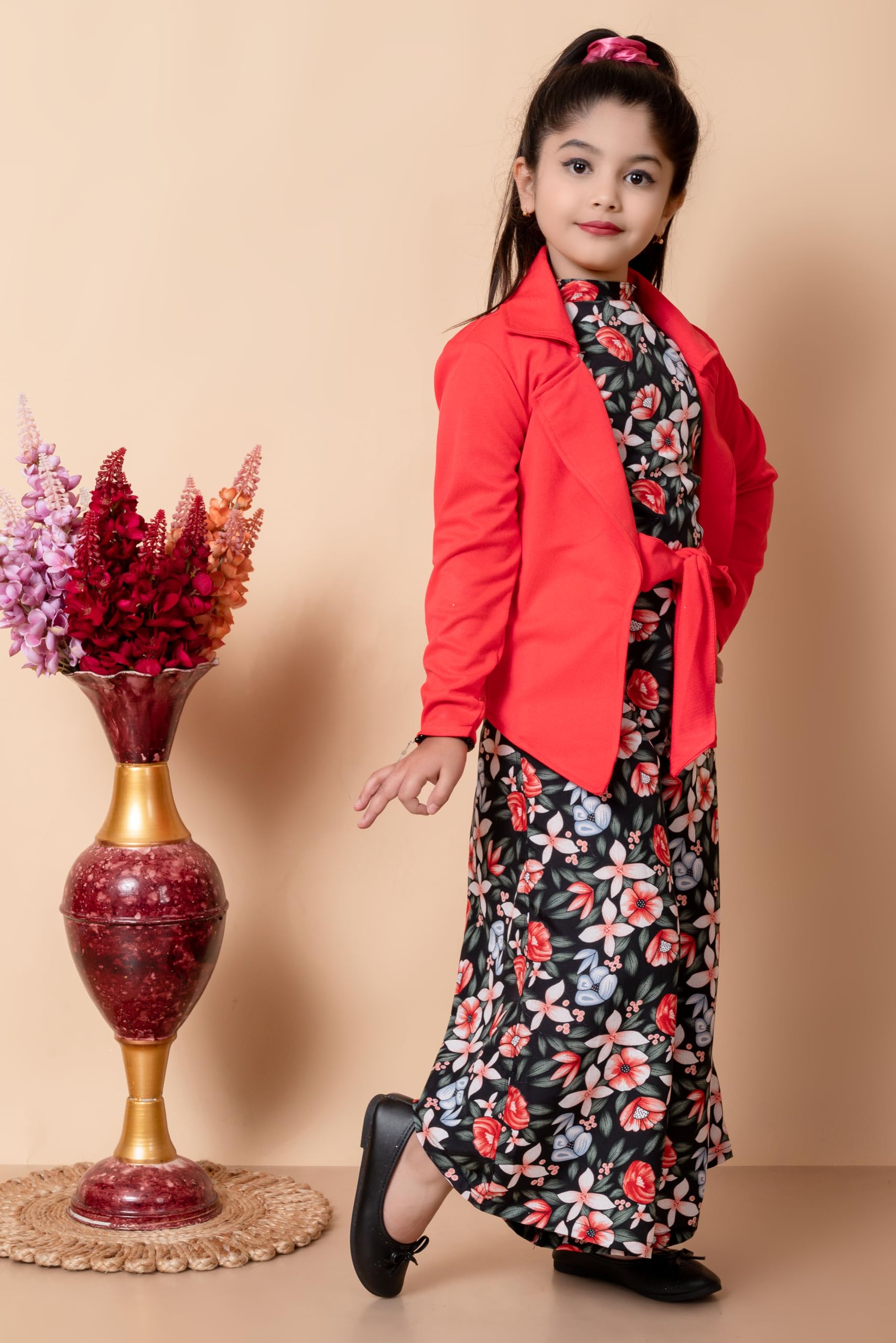 SPAMitude Girls Self Designed Premium Cotton Jacket Jumpsuit Dress | Floral Printed Jumpsuit Jacket Set for Birthday Girl (10-11 years, Red) - Image 5 thumbnail