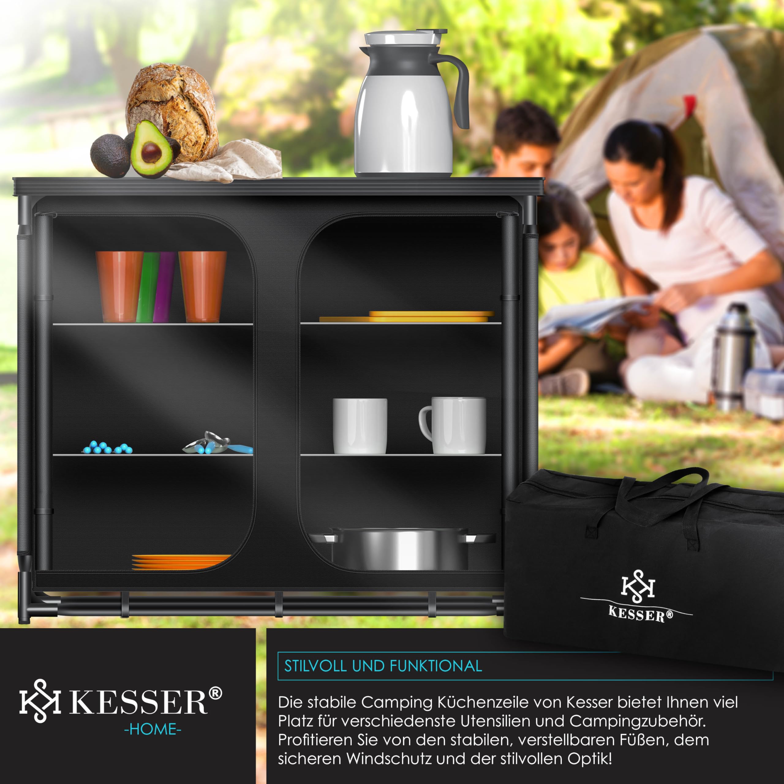 KESSER® Campingküche | Inkl. Tragetasche | Campingschrank Faltschrank | mit Aluminiumgestell | Reiseküche | Küchenbox | Zeltschrank | Outdoor Camping Küche | Schwarz/Schwarz | Typ F6