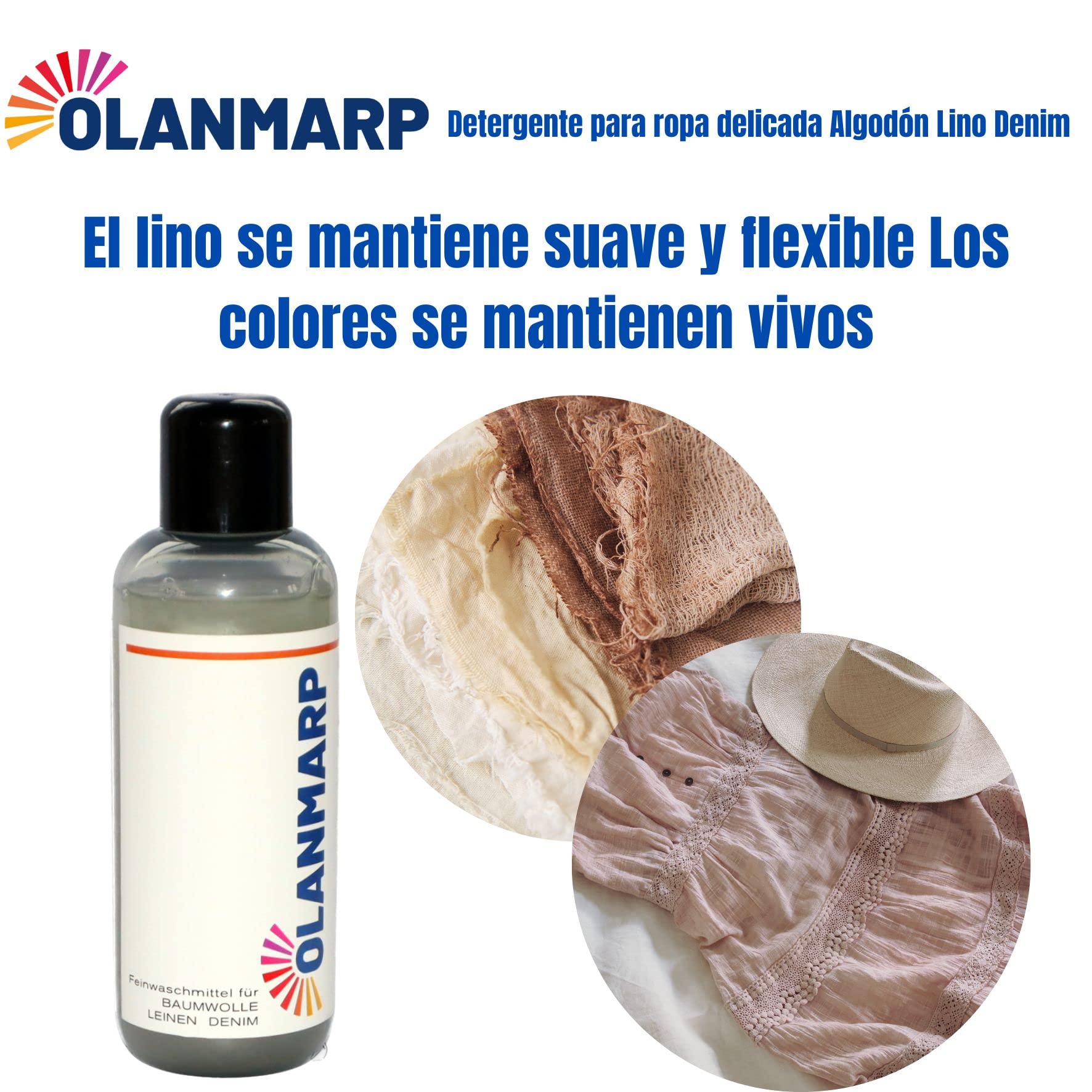 Detergente para algodón y lino Olanmarp concentrado – detergente líquido suave para lavado a mano y a máquina – ideal para fibras naturales y ropa delicada – sin químicos agresivos (480 ml)