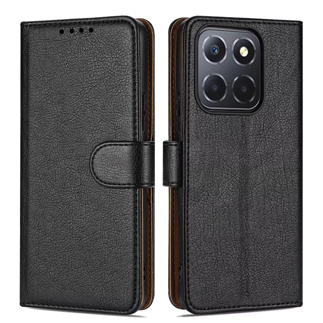 GAPlus For Honor X6a Phone Case - Leather Flip Folio Cover | Kickstand | Magnetic Closure | Money and Card Holder Wallet | Compatible with Honor X6a Black