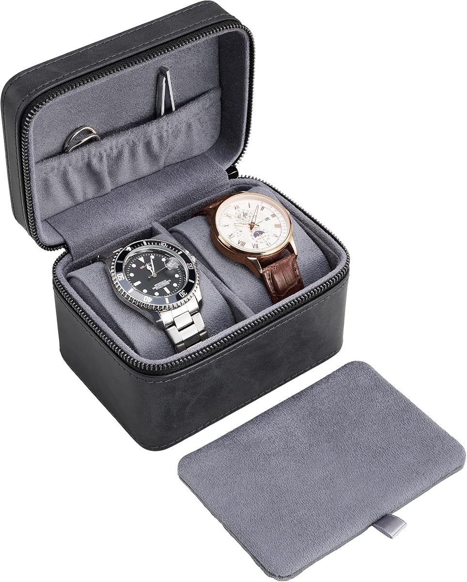 ProCase Estuche de viaje para reloj con 2 ranuras para hombre, soporte portátil para reloj -Gris oscuro | Caja de transporte de viaje pequeña y compacta de cuero PU, estuche de almacenamiento para relojes de lujo y relojes inteligentes con compartimento para joyas