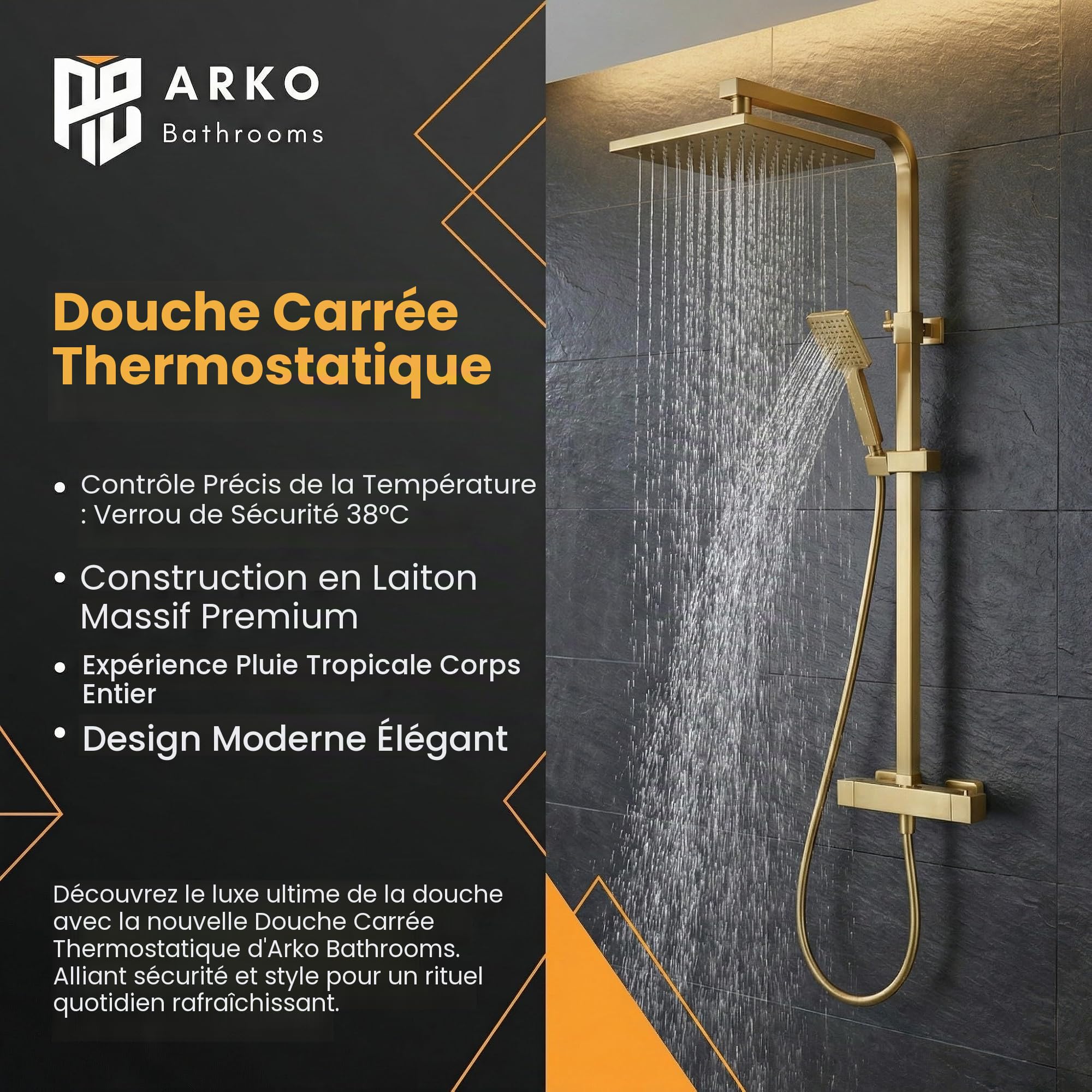 Système de douche thermostatique | Ensemble mitigeur de douche thermostatique avec douche à effet pluie et douchette à main (laiton)