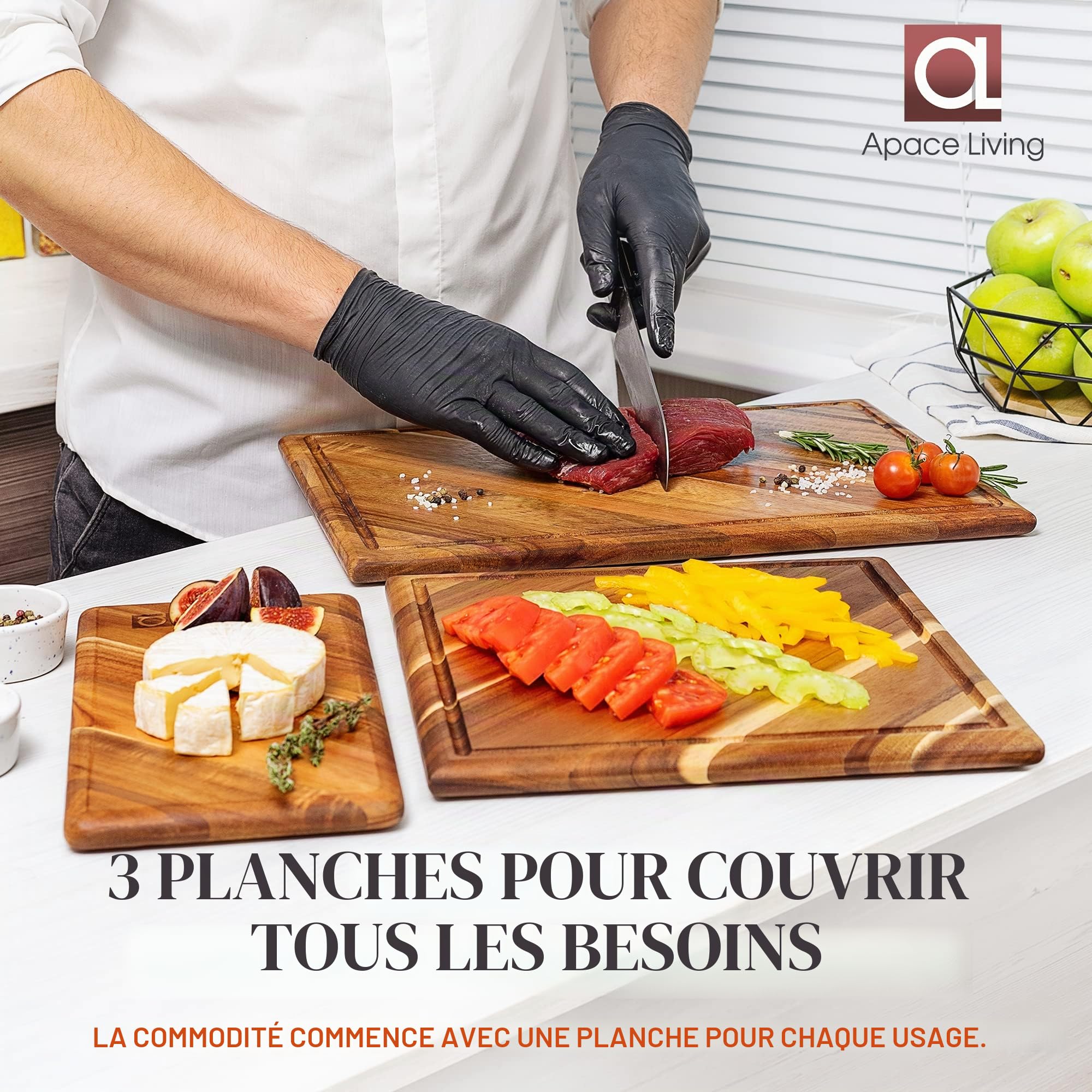 Ensemble de planches à découper Chorus en bois avec rainure à liquides (3 pièces) - Planches de cuisine en acacia, pour découper la viande, les légumes, le fromage - 100% bois naturel
