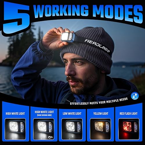 Miniatura 4 de DARKDAWN Linterna LED recargable, 5 modos USB C diadema linterna con sensor de movimiento, pantalla de alimentación digital, ajustable arribaabajo,