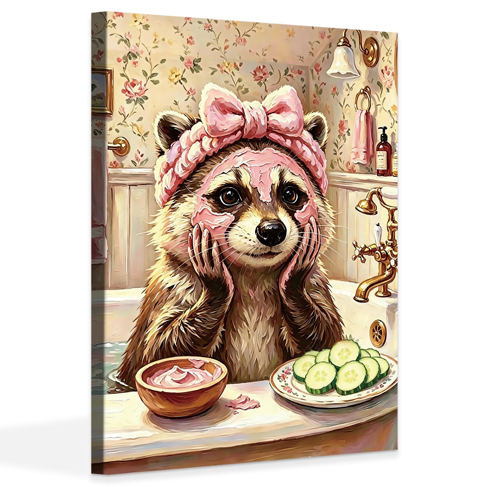 Funny Raccoon Wall Art Canvas Print Bathroom Wall Decor,Animal Spa Framed Art Posters Pink Aesthetics Bedroom Restroom Wall Decorations (12x16inch)
