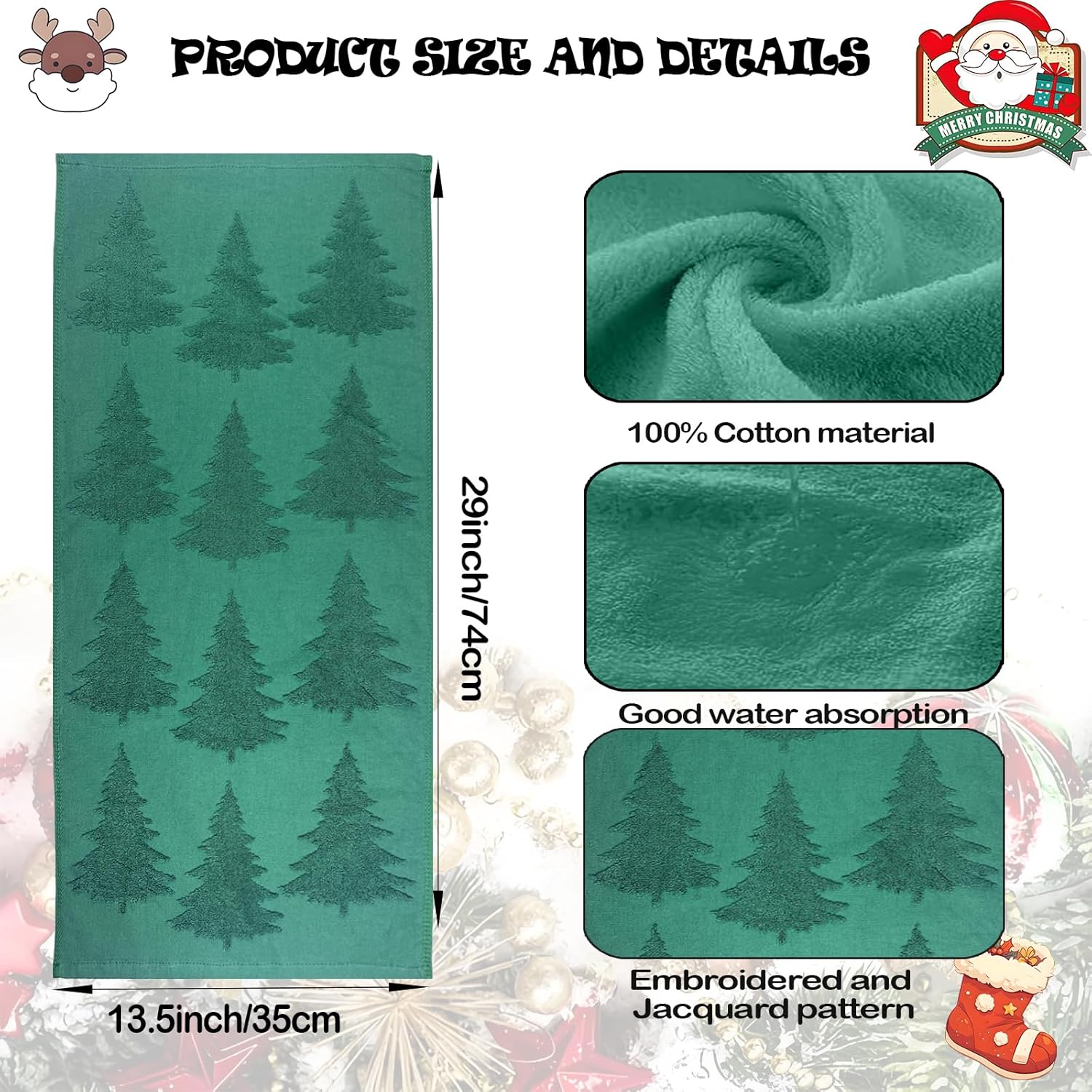 2 Pack Christmas tree Hand Towels 100% Cotton Jacquard holiday Kitchen dish Towels Retro Neutral Dark Green Bathroom Towels Set gift Seasonal Xmas Winter Bathroom Decor (Dark Green Christmas tree) - Image 2