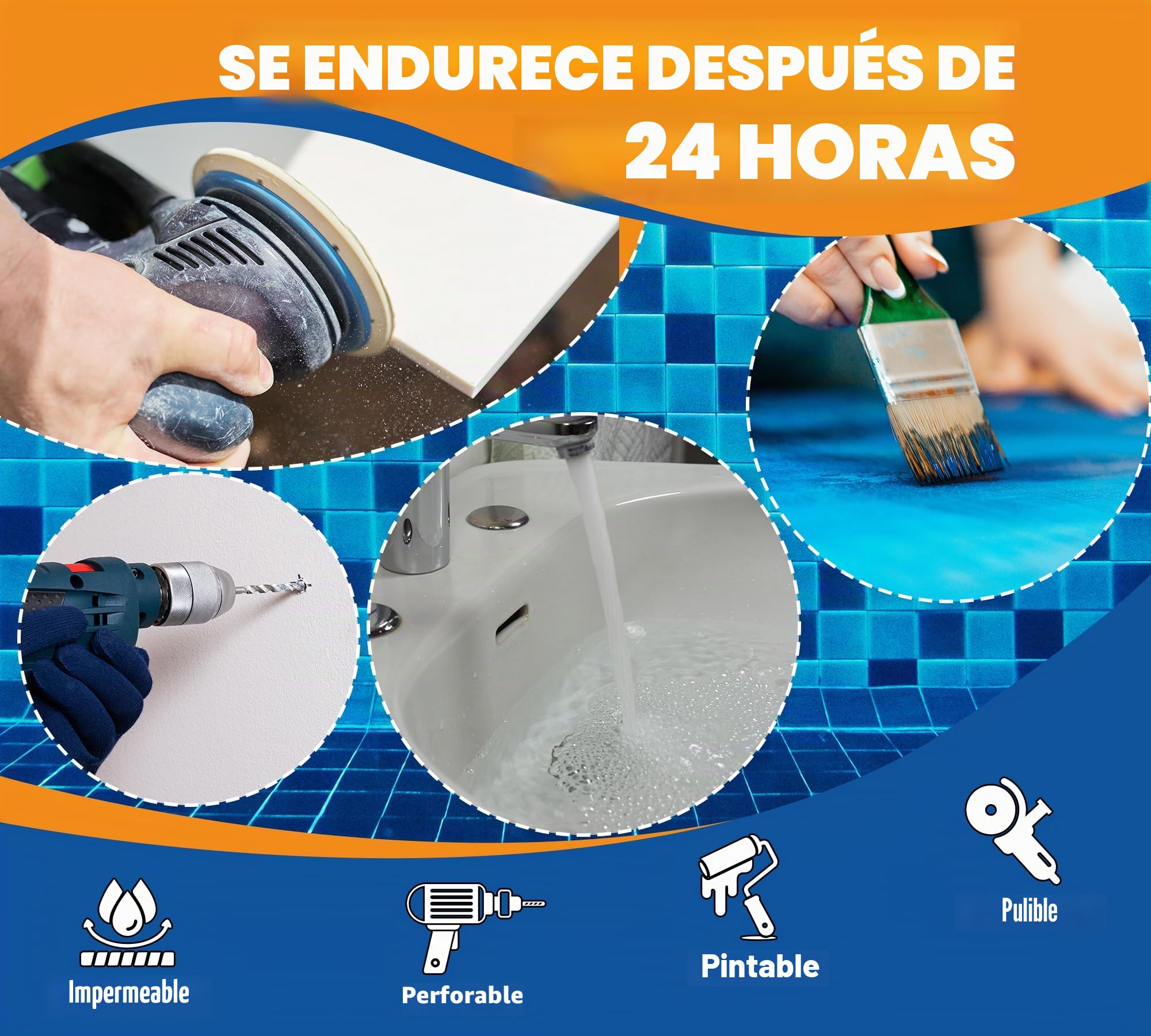Masilla Epoxi Blanca 340g, Masilla Reparación Piscina Bicomponente, Adhiere, Repara Fugas, Grietas y Agujeros en el Agua o en Seco, para Azulejos, Hormigón, Madera, Metal, Cerámica, Vidrio y Acrílico