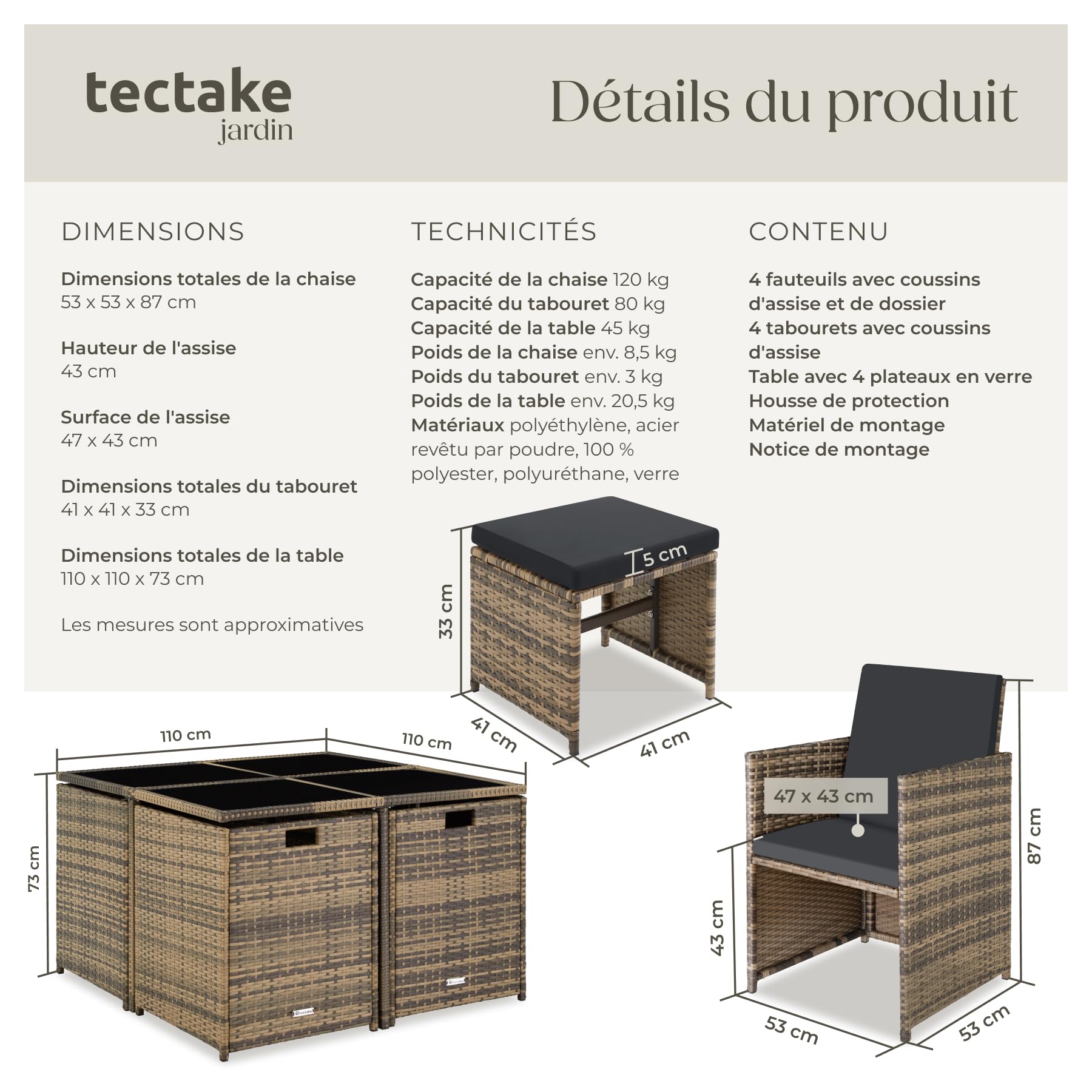 Tectake Salon de Jardin Extérieur en Poly Rotin - Table, 4 Chaises, 4 Tabourets, Housse de Protection - Mobilier Balcon Terrasse - Marron Naturel