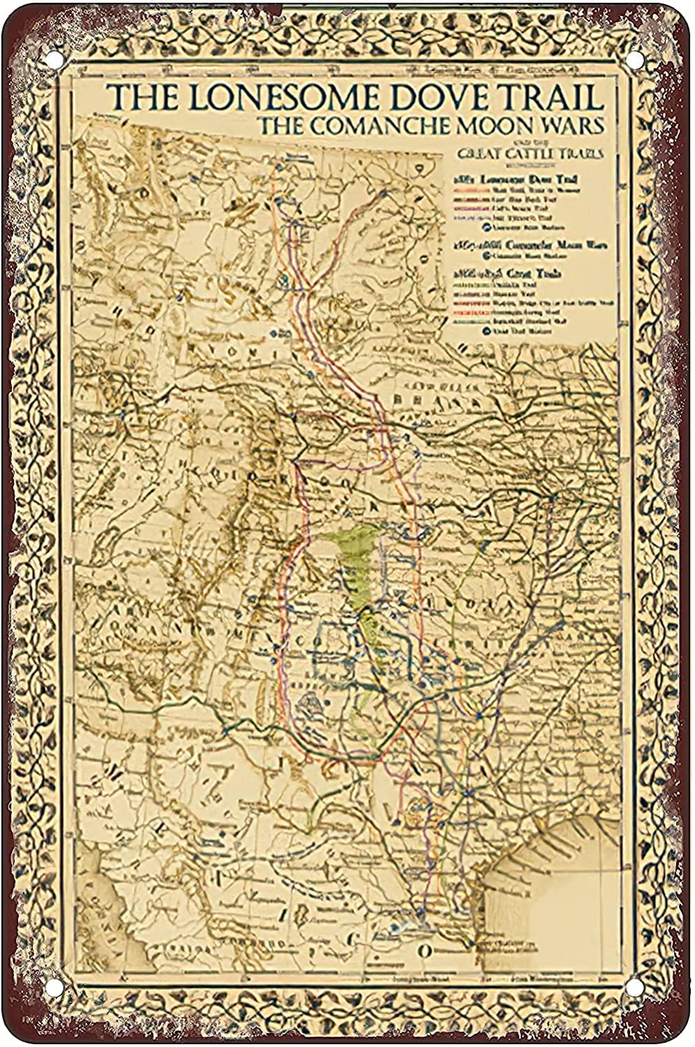 1881 Lonesome Dove & Great Cattle Trails Map Funny Coffee Metal Tin Sign For Home Office Coffee Bar Decor 8x12inch
