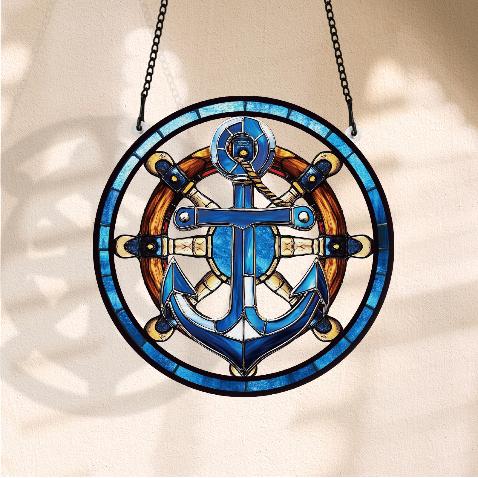 PLIGREAT Painted Rudder Anchor Stained Suncatcher Window Wall Art Hanging Ornament Blue Acrylic Light Catcher Art Crafts for for Garden Bedroom Home Indoor Outdoor Hanging Decor Women Men Gift - Image 2