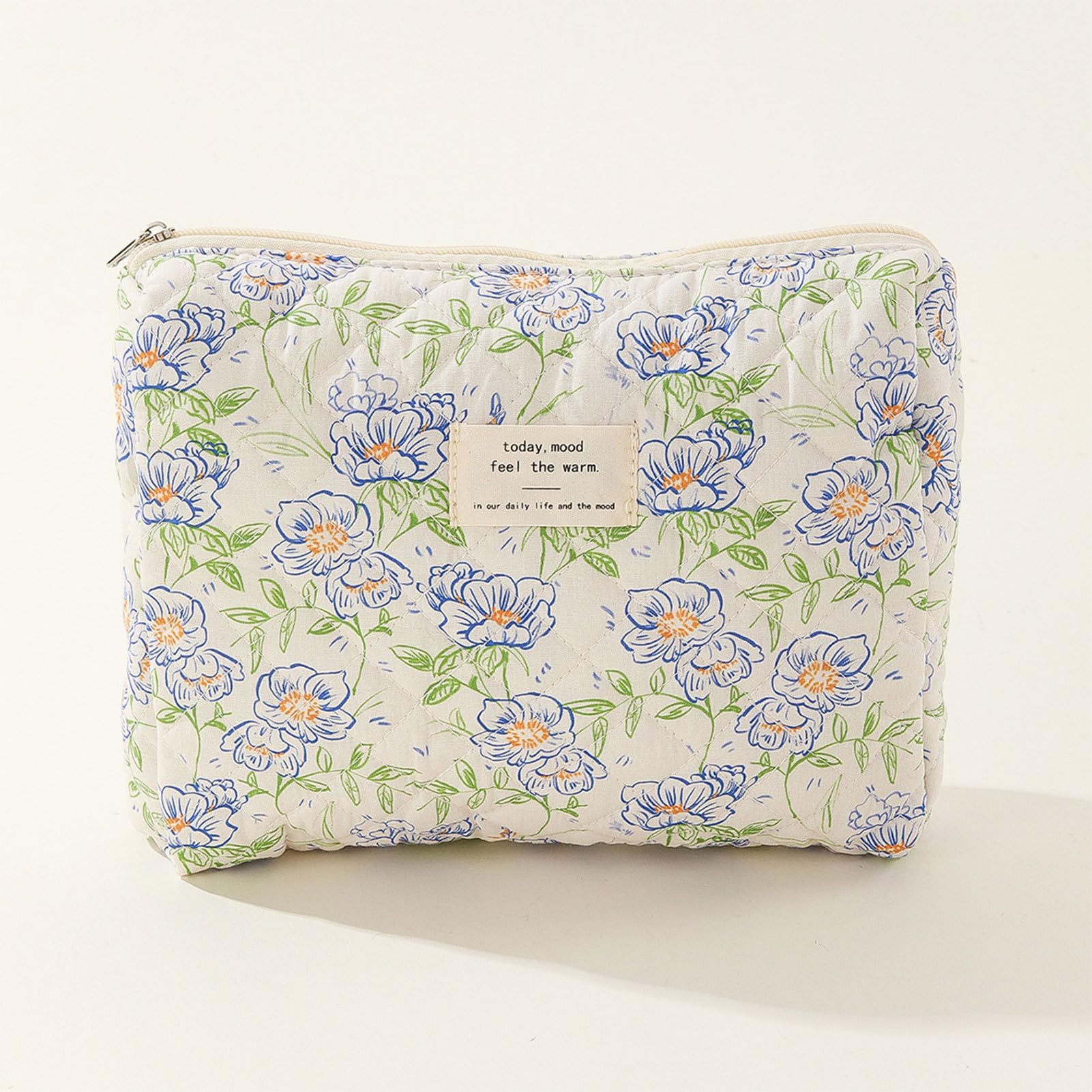 ASOMI Gesteppte Schminktasche Mit Blumenprint – Baumwolle, Blau, Ca. 18x11x10 Cm, Leicht & Weich