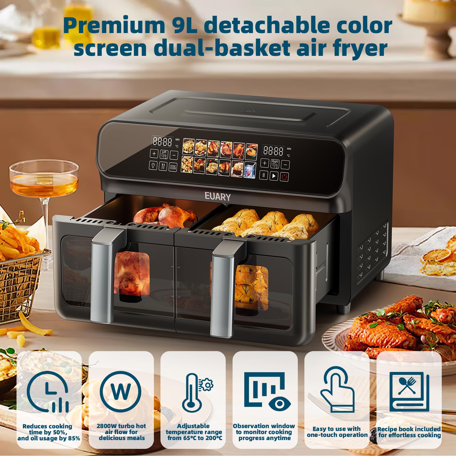 2800W Friggitrice ad Aria Doppio Cestello 9 Litri 2 Cestelli con Finestra, 9L Air Fryer Friggitrici ad Aria Doppia Resistenza Due Cestelli, 12 Programmi di Cottura, Componenti Antiaderenti