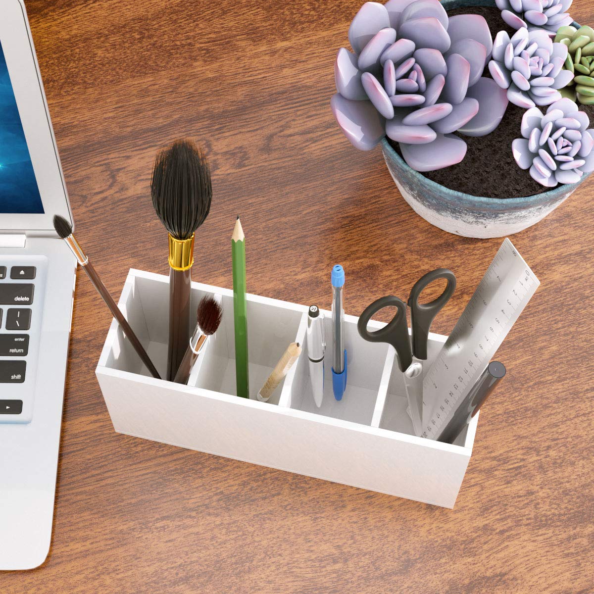 NIUBEE Soporte acrílico para bolígrafos, 4 compartimentos, organizador de lápices blanco para almacenamiento de accesorios de escritorio (blanco)