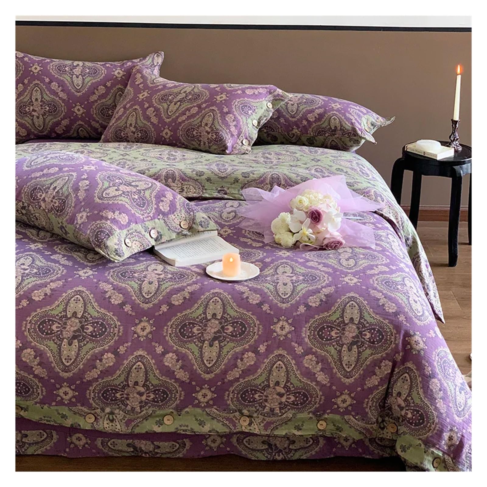 Zestawy kołder, fioletowy styl boho zestaw pościeli kwiatowy wzór 400TC przędza bawełniana barwiona guzik poszewka na kołdrę zestaw pościeli poszewki na poduszki (płaskie prześcieradło, King 4