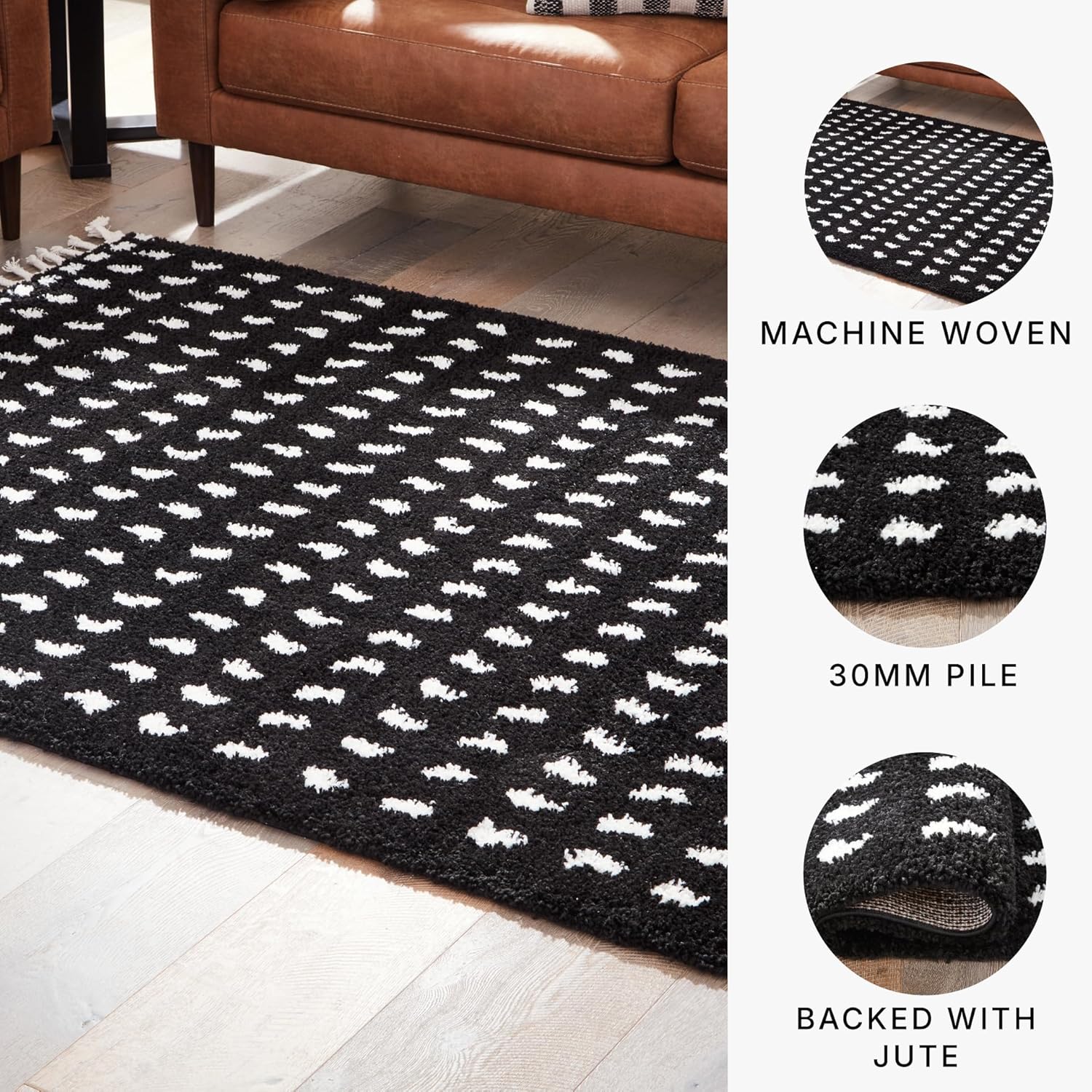 Signature Design by Ashley Minston Contemporary 5' x 7' Machine Woven Dot Design with Braided Tassel Edge Medium Area Rug, High Pile, Black & White