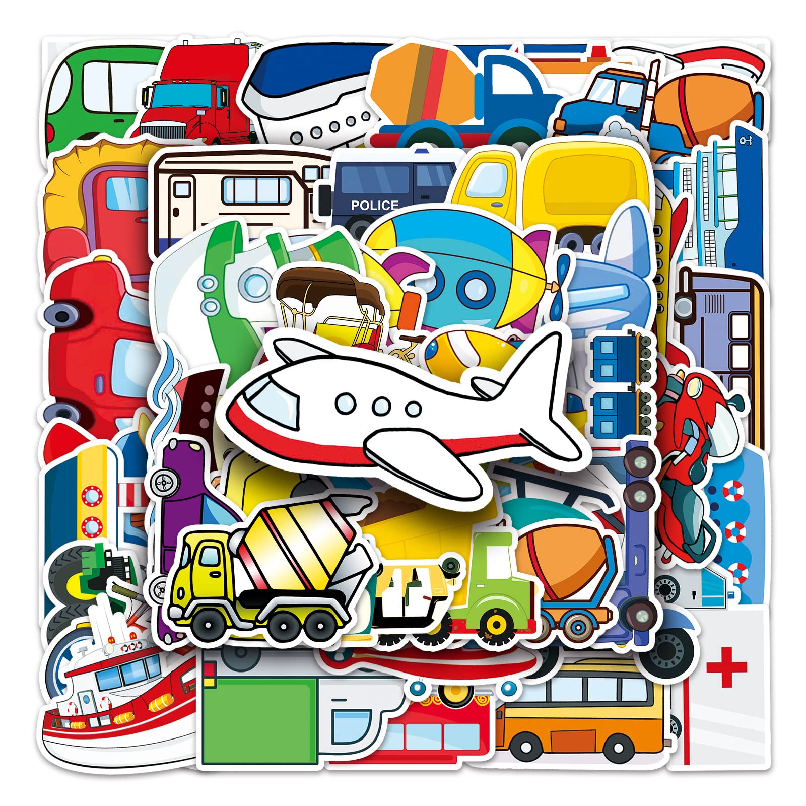50Pcs Mixed Vehicle Sticker PVC Bus Truck Motorcycle Stickers for Kids Toy DIY Laptop Skateboard Car Decal Toy (Transportation Tools)