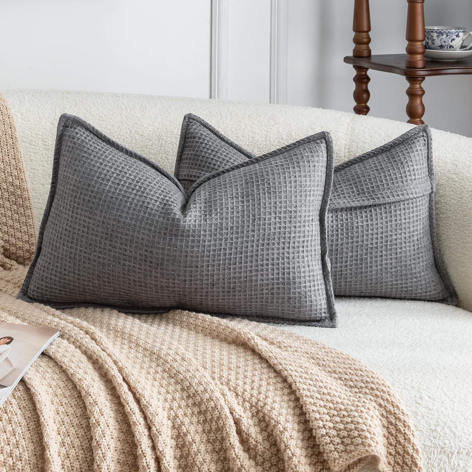 Madizz Pack of 2 Decorative Cushion Covers 30x50 CM Bluish Grey Linen Blend Throw Pillows Soft Solid Textured Pillow Covers for Couch Sofa Bedroom Living Room