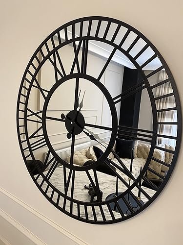 Large Mirrored Wall Clock For Home Decor - Modern Wall clock with Wood Frame Big Silent Non Ticking Clock, Living Room Decoration, Kitchen, Bedroom