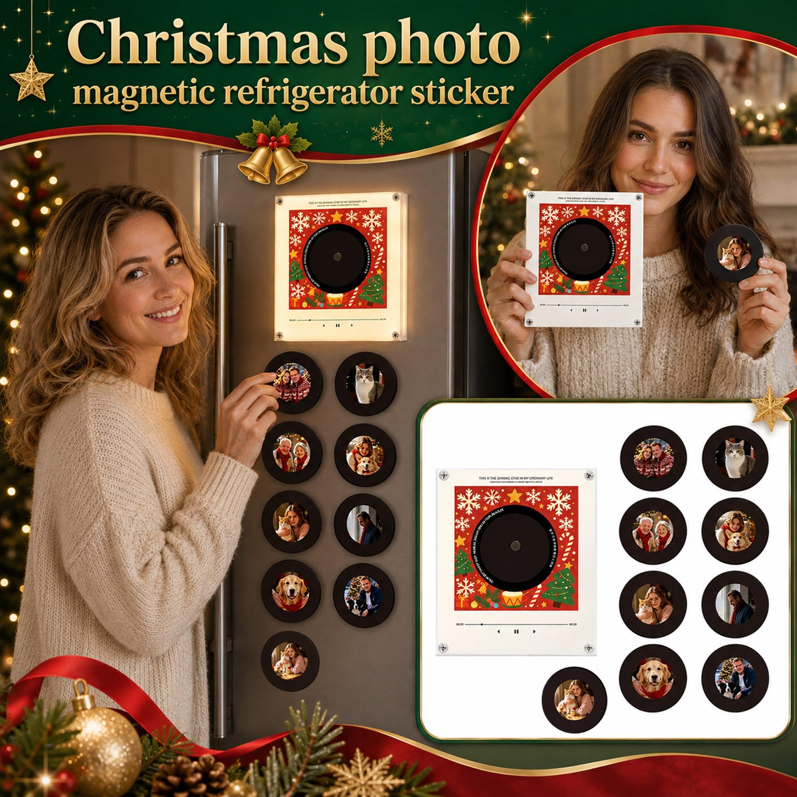 Personalisierter Kühlschrankmagnet mit Vinyl-Player für Weihnachten