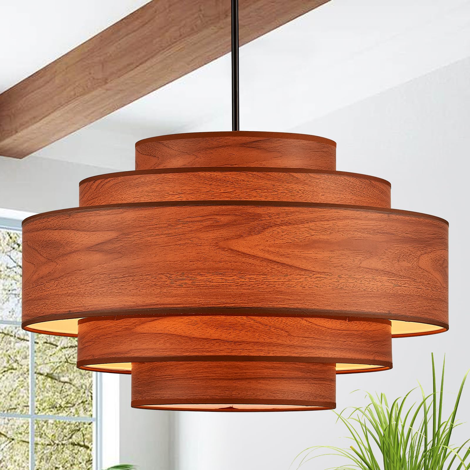 YOMECOO Farmhouse 26" Large Drum Wooden Chandelier Vintage 6-Lights Chandelier with Wooden Finish Linen Shade Retro Drum Chandeliers for Dining Room,