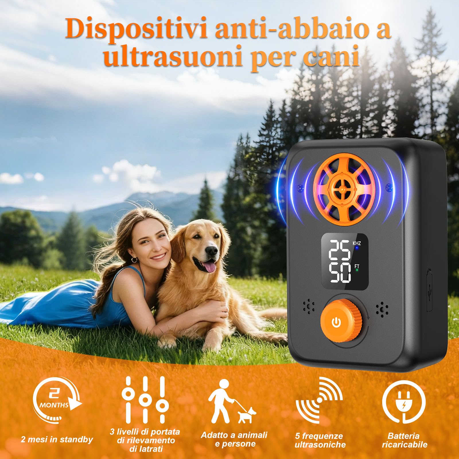 Anti Aboiement Chien Ultrason Puissant - Appareil Anti-Aboiement Ultrasonique Chien avec 5 Fréquences Ajustables, 3 Portées, Arrêt Automatique du Aboiement Intérieur/Extérieur