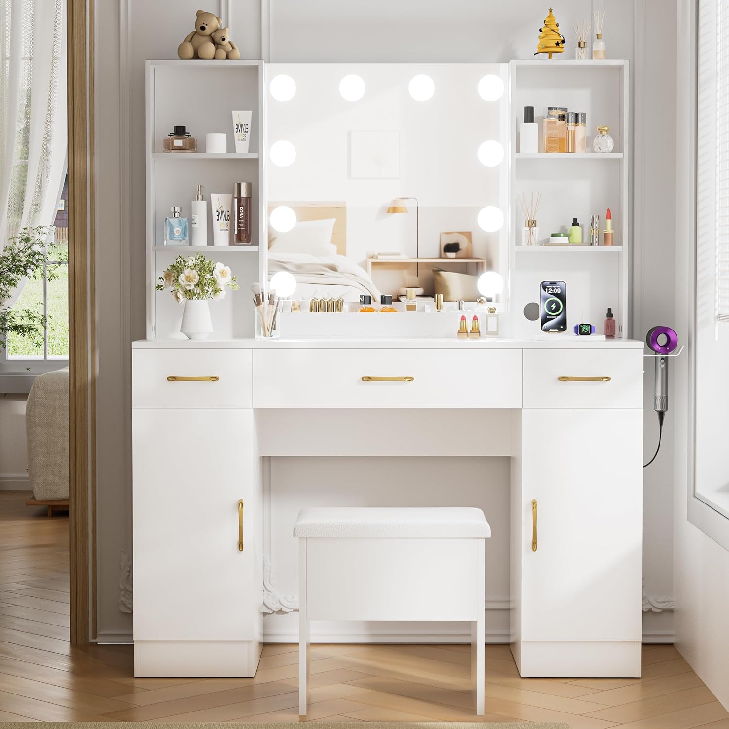 Large Makeup Vanity Desk with Lighted Mirror, Makeup Table with 3 Drawers, White Vanity Set with Lights 3 Modes, Power Outlet, 2 Cabinet, 6 Open Shelf, Stool,Vanity Table with Lights for Girls Women