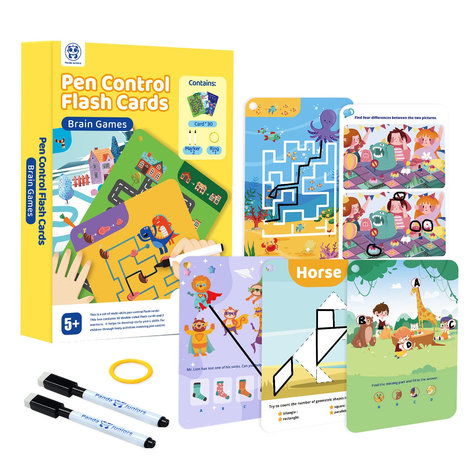 Large Brain Games Flash Cards for Kids Ages 5+ | Reusable Logic & Focus Activity Set | Write & Wipe Cards with 2 Dry Erase Markers & Ring  Educational Preschool Toy (30 Cards)