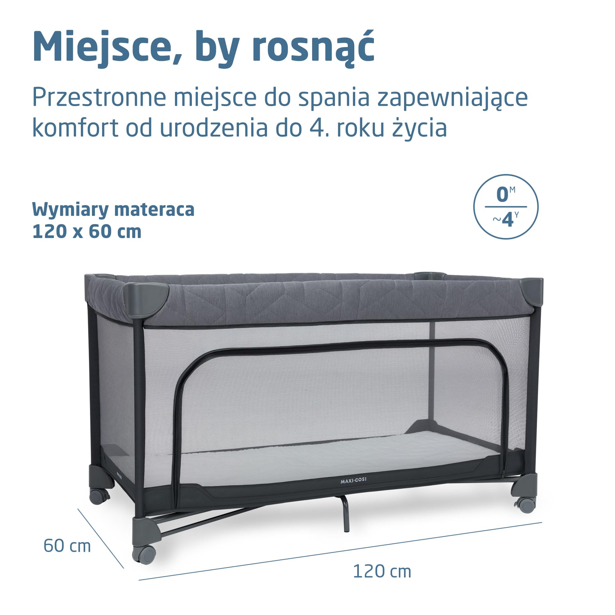 Maxi-Cosi Merlin, Łóżeczko Turystyczne & Plac Zabaw 2 w 1, 0–4 lat, do 18 kg, Łóżeczko Podróżne, Składa Się w 1 Sekundę, Materac CloudCore 120x60 cm, Boczne Wejście, 4 Kółka, Elegance Graphite