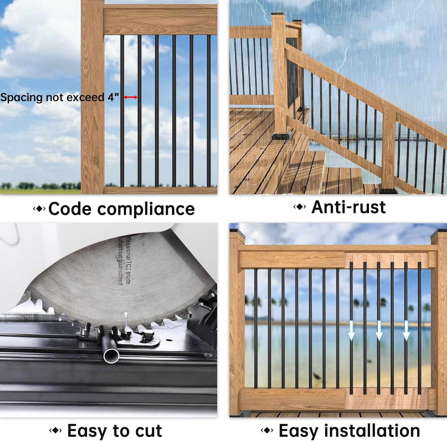 Examples of Muzata WT02 aluminum baluster installation, showing code compliance, anti-rust properties, ease of cutting, and simple installation.