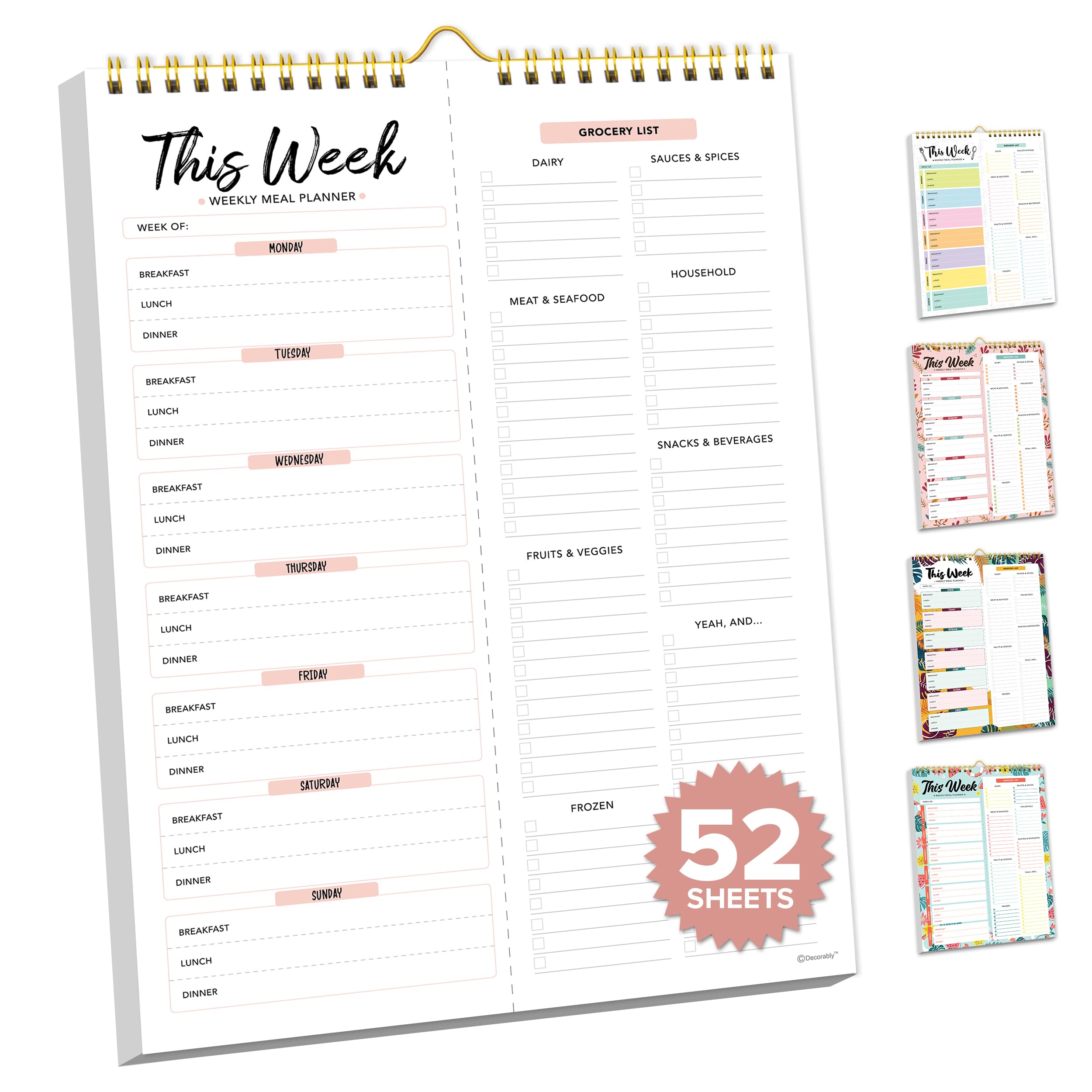 Decorably 52 Sheets Minimal Pink Undated Menu Planning Sheets for Fridge with Strong Magnets, 8.5x11in Spring-Bound Magnetic Grocery and Meal Prep List - Fridge, Gift