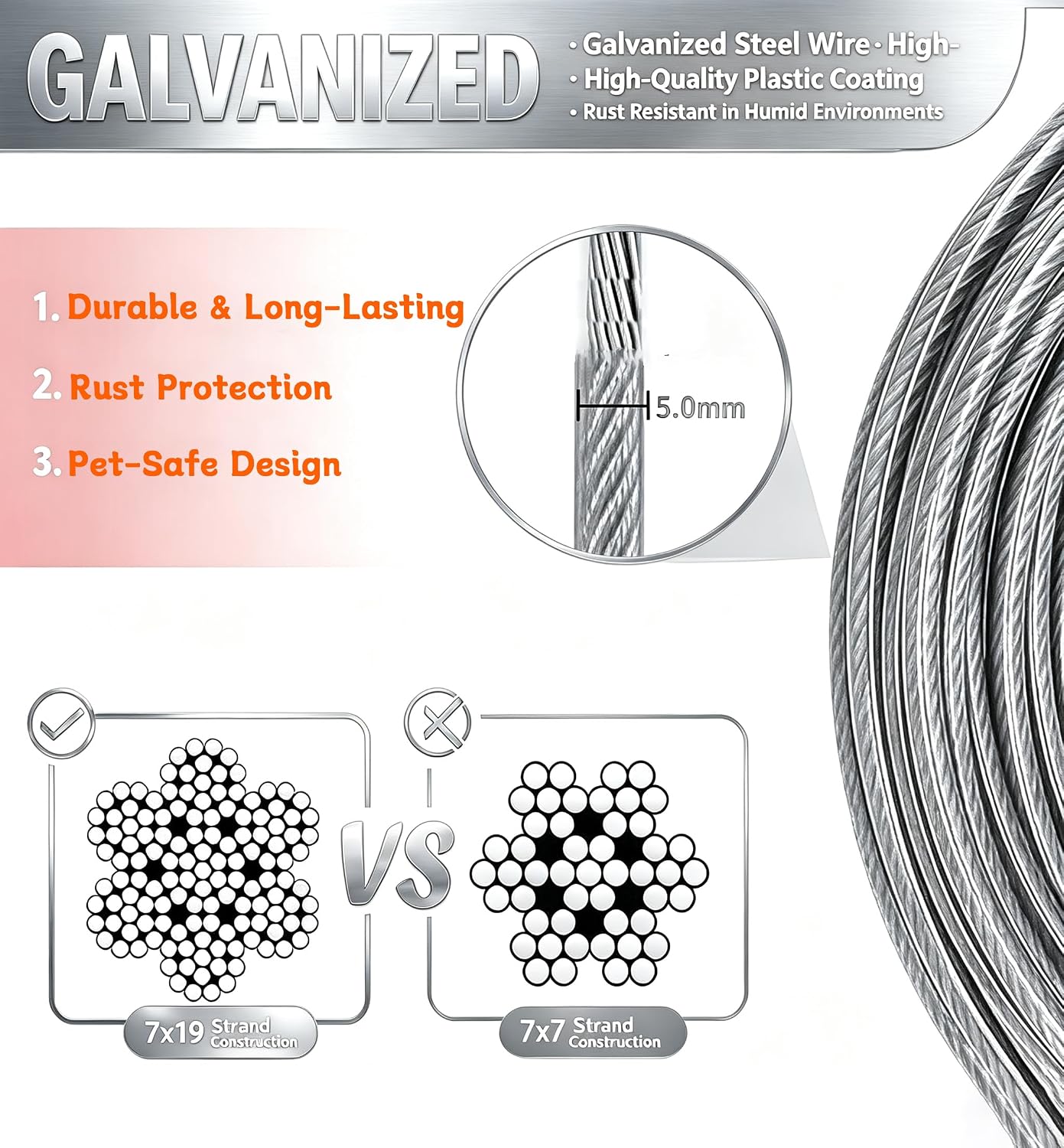 15FT Reflective Dog Tie Out Cable, Up to 250lbs | Steel wire core, stainless dual fix buckle, lightweight, for outdoor yard camping, fits medium to large dogs up to 250lbs