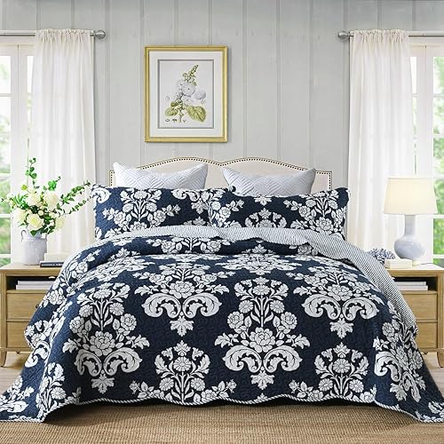 Vista 15 de Juego de edredón tamaño Queen, color azul marino, 100% algodón, colcha acolchada floral tamaño queen, juego de ropa de cama reversible de cachemira