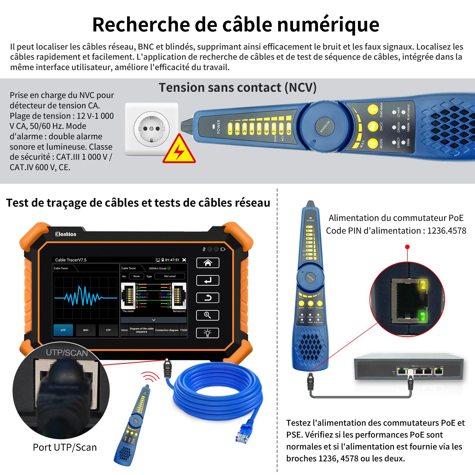Henkion Testeur de Vidéosurveillance CCTV IP IPC-1900C Plus 4K 8MP 8K 32MP Test de Caméra IP Moniteur Écran Tactile 4 Pouces Tester CCTV Support POE WiFi Sortie DC12V/3A avec Traceur de Câble