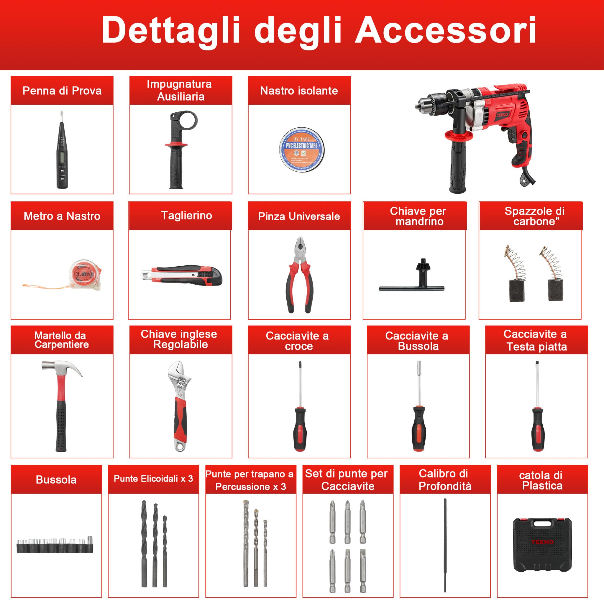 TEENO Trapano a Percussione Elettrico Filo 910 W, Trapano Elettrico a Filo 0-3000RPM, Pulsante di Velocità Variabile, 37 Pezzi Cassetta Attrezzi Completa, Mandrino 13 mm, Mattoni, Legno, Acciaio