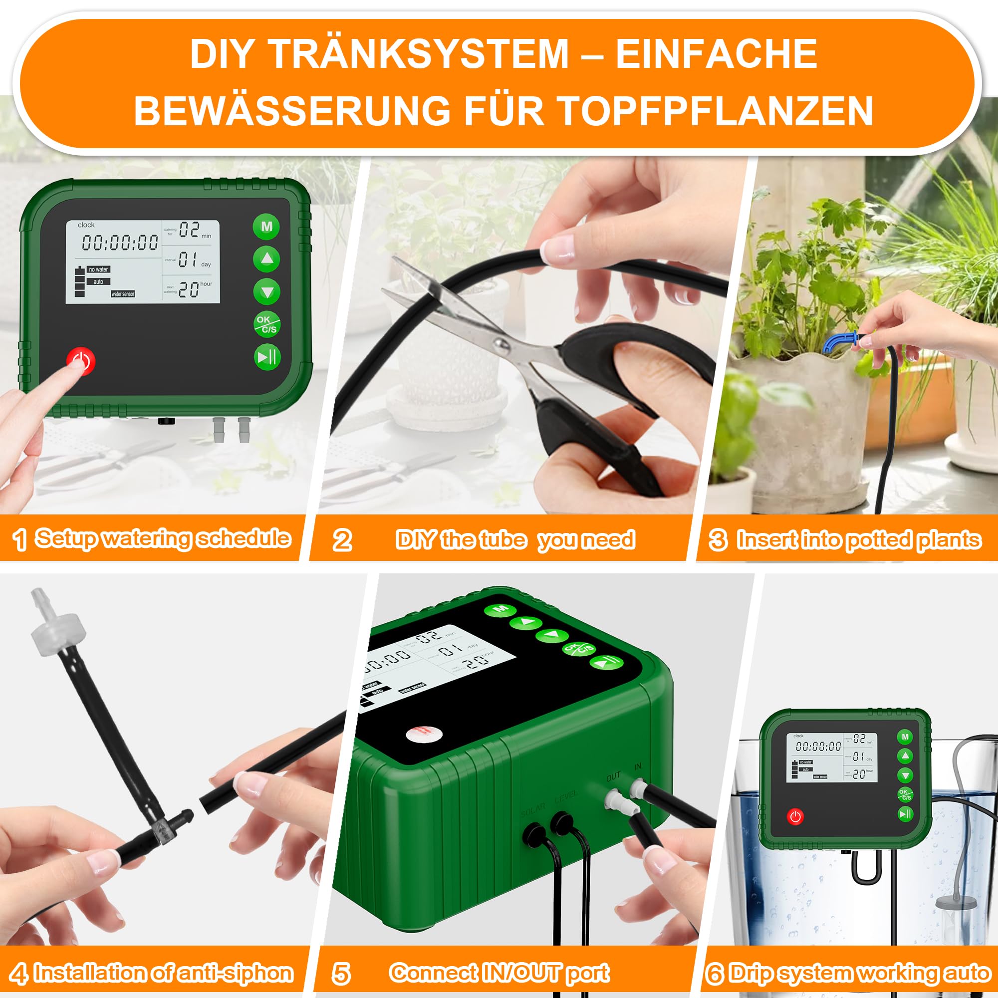 AMATHINGS Sistema di irrigazione solare BSV-IC018 completo sistema di irrigazione a goccia, sistema di irrigazione automatico da giardino, metro da 15 m, tubo per giardino, balcone, piante in vaso