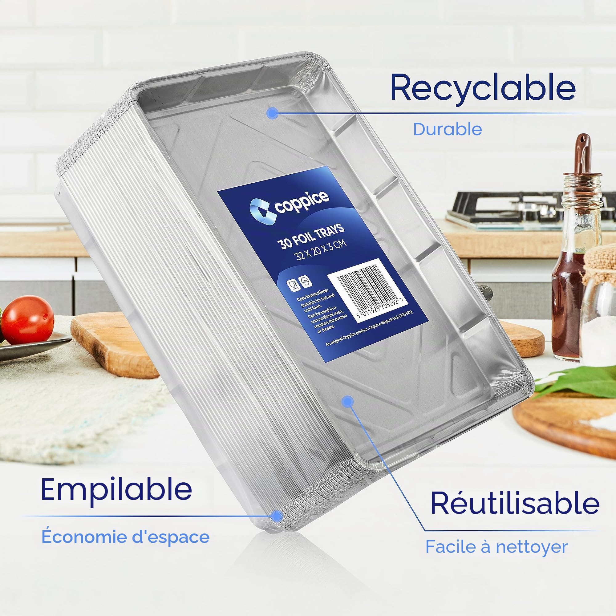 Coppice Barquettes Aluminium 32x20x3cm - Lot de 30 | Barquettes Jetables pour Cuisson, BBQ, Congélation, Four & Friteuse à air | Aluminium Alimentaire Recyclable et Réutilisable