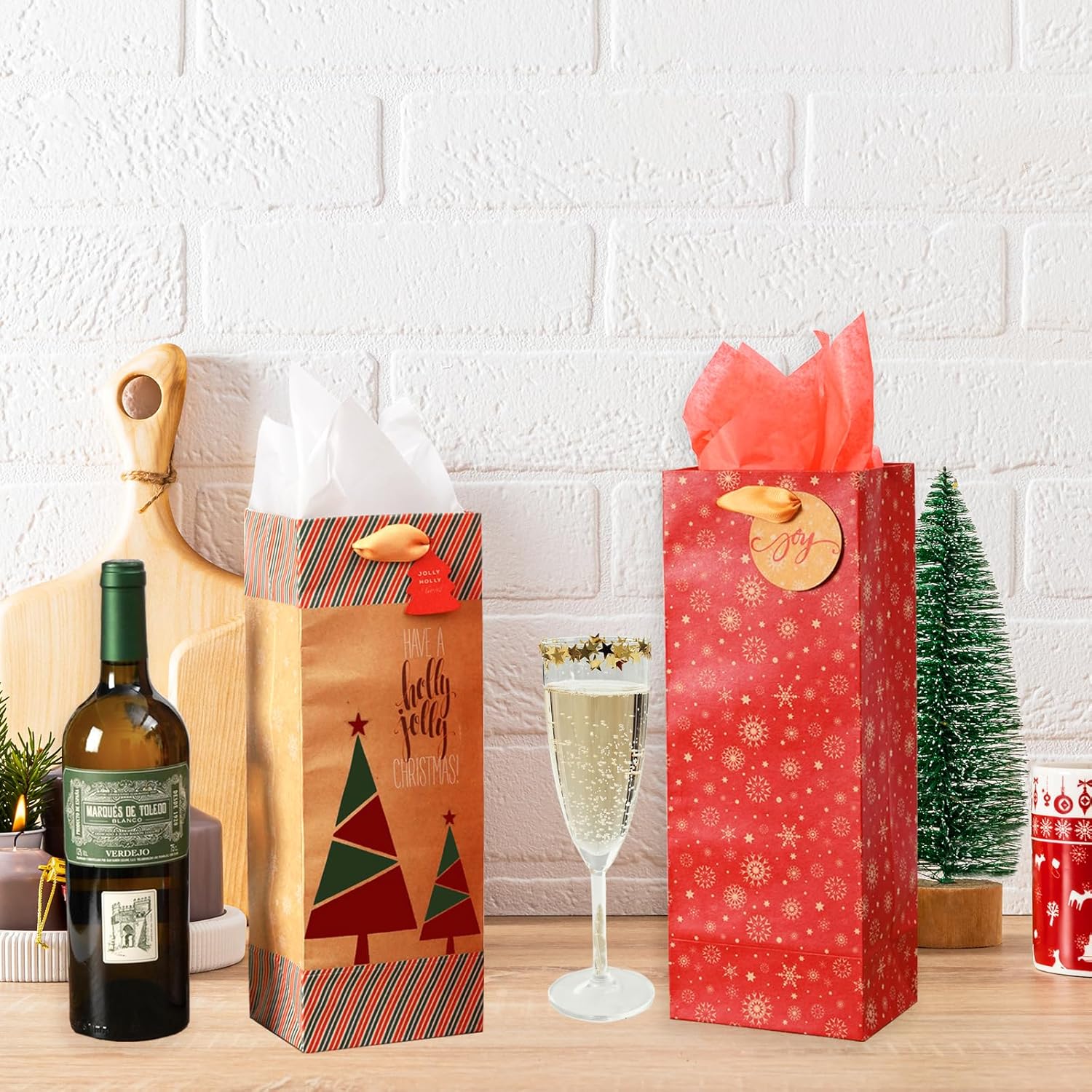 Nihuecne 16 Pack Christmas Wine Bags with Tags & Tissue Paper for Xmas Holiday Gift Wrap,8 Designs (5 x 13 x 4 In) - Image 4